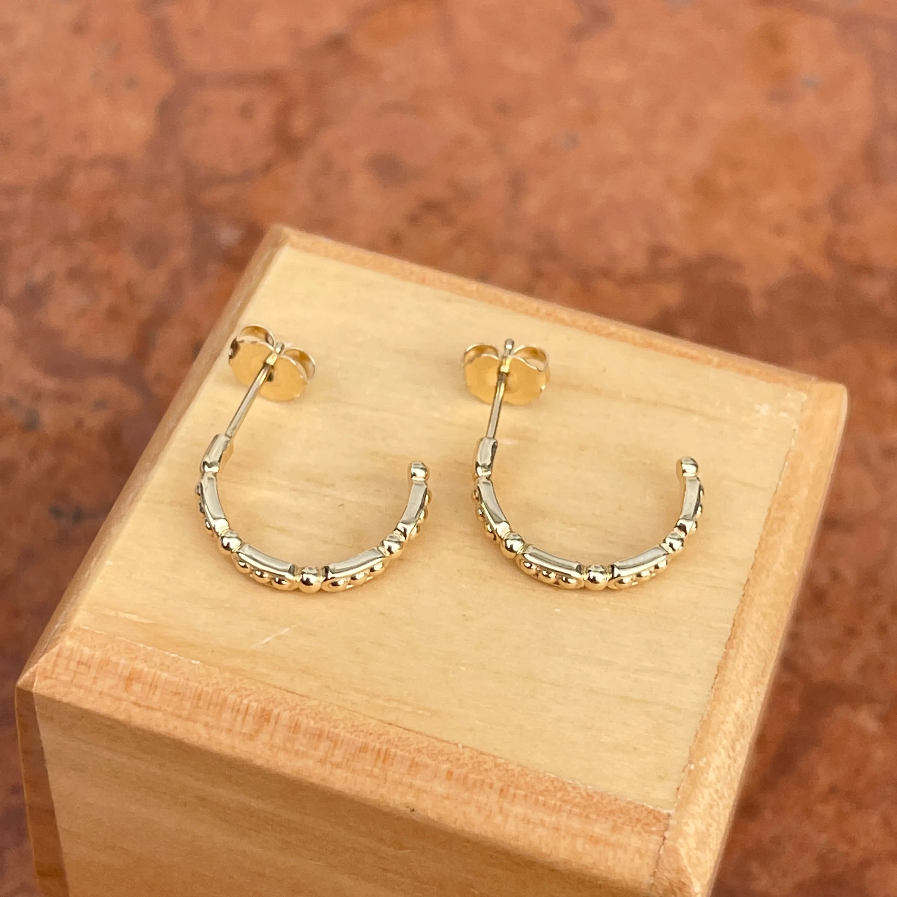14KT Yellow Gold Beaded C-Shape Small Hoop Earrings