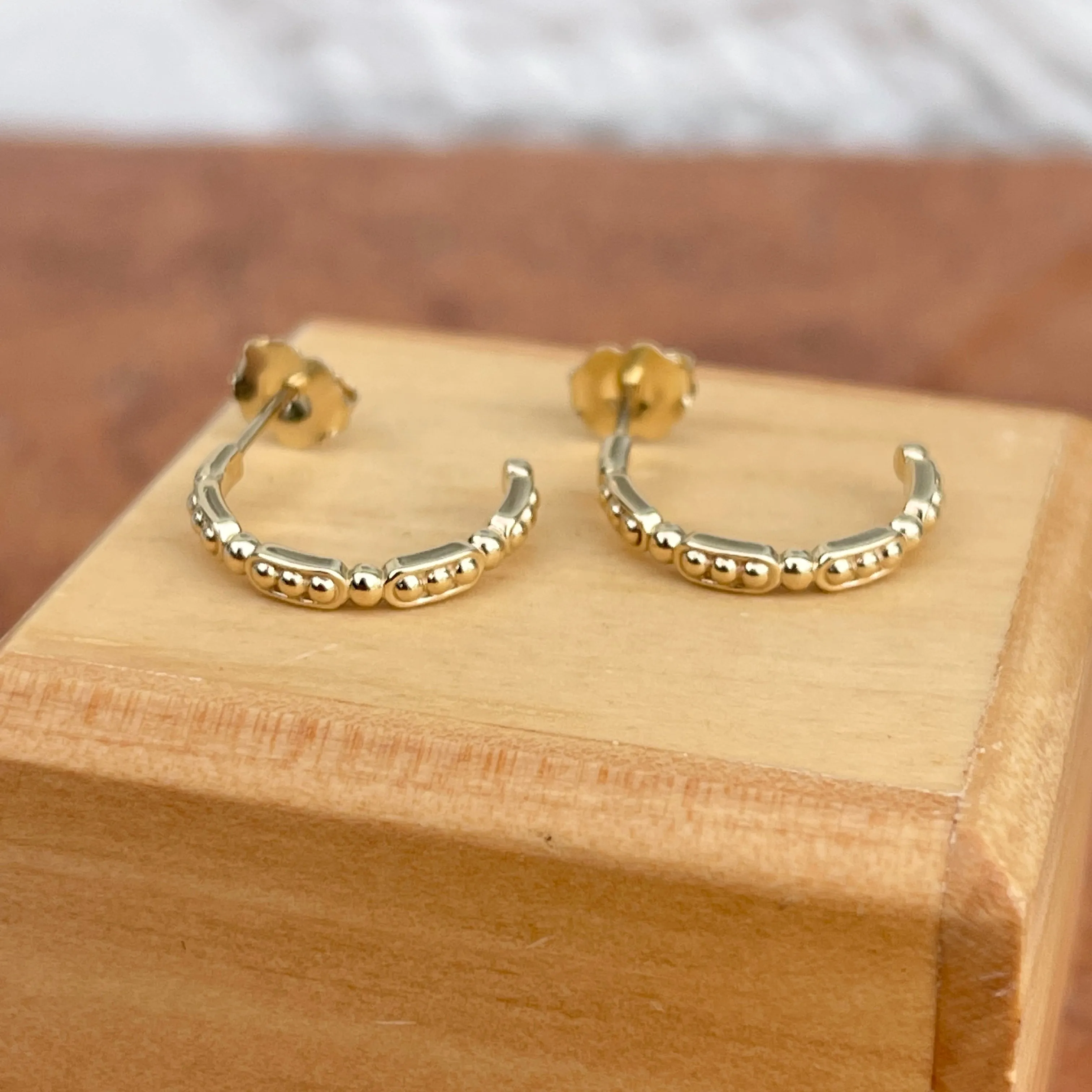 14KT Yellow Gold Beaded C-Shape Small Hoop Earrings