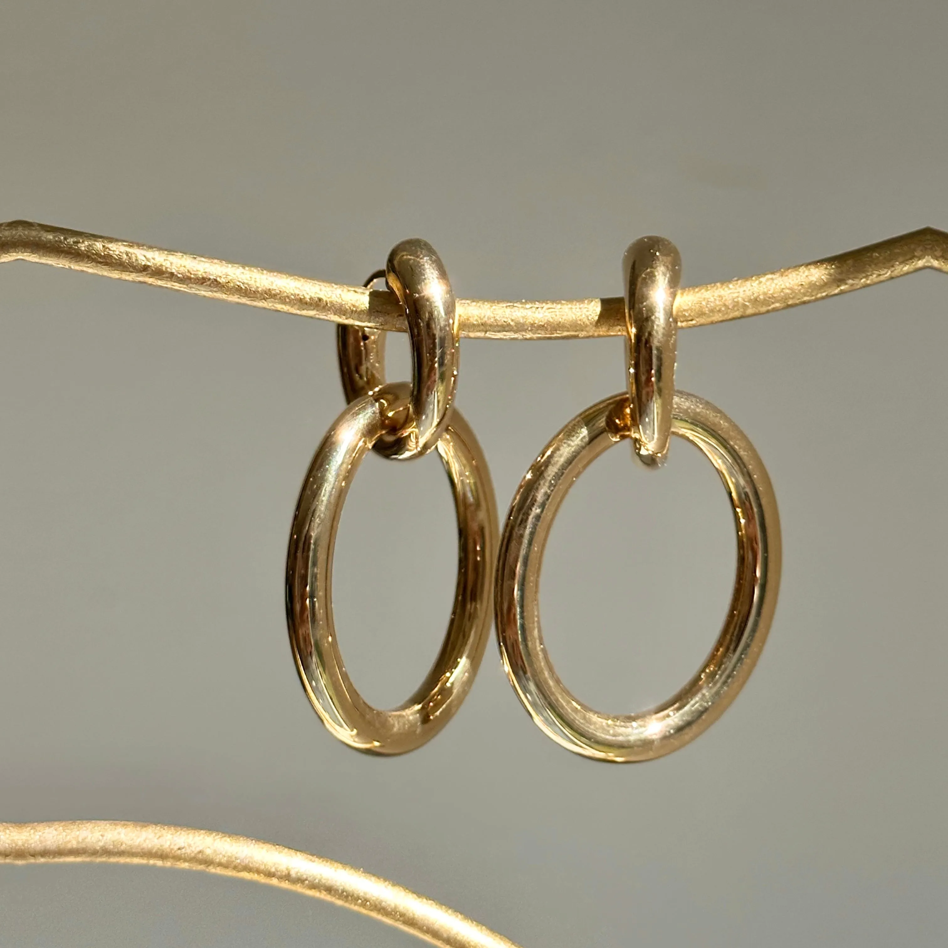 14KT Yellow Gold Tube Hoop Earrings with Large Oval Charms