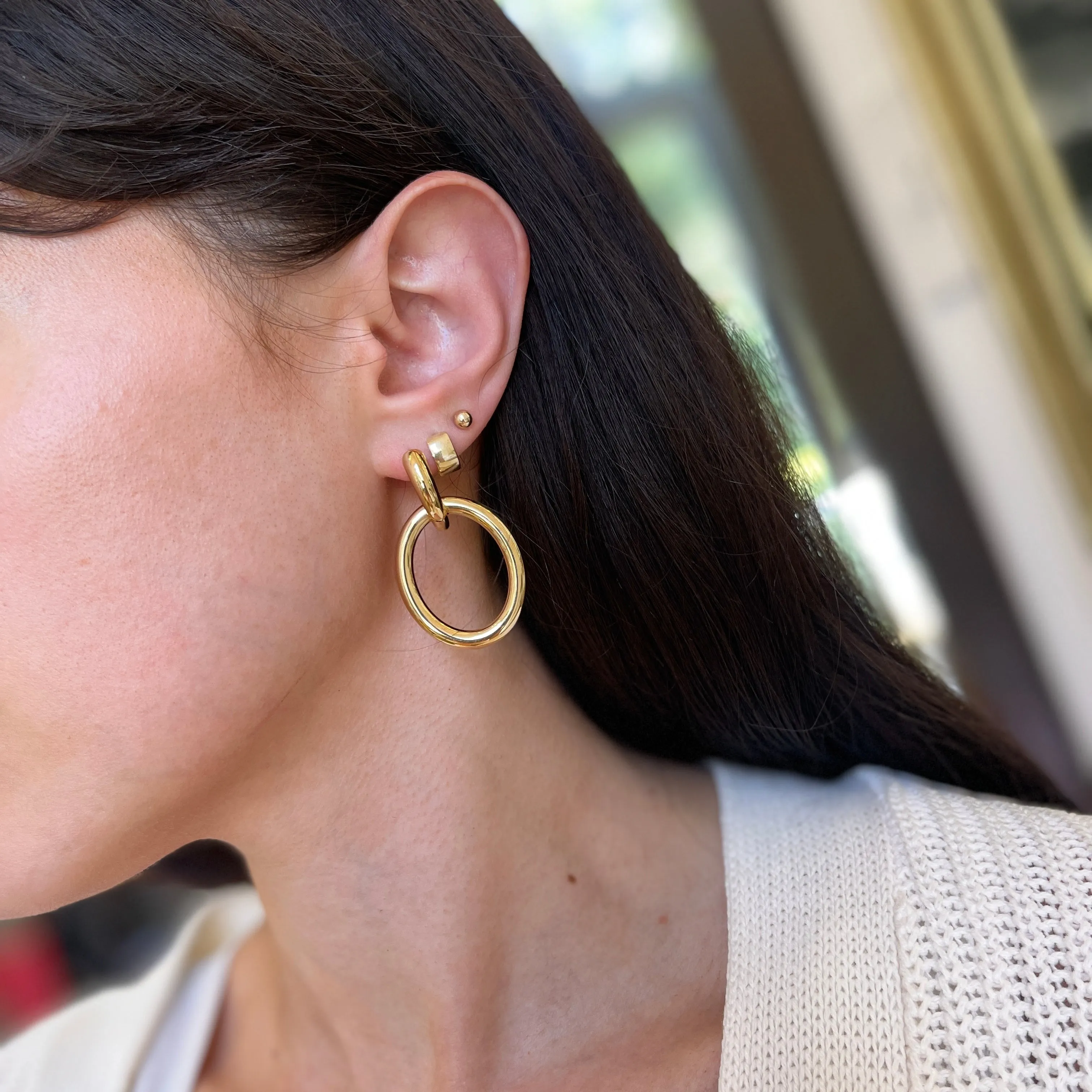 14KT Yellow Gold Tube Hoop Earrings with Large Oval Charms