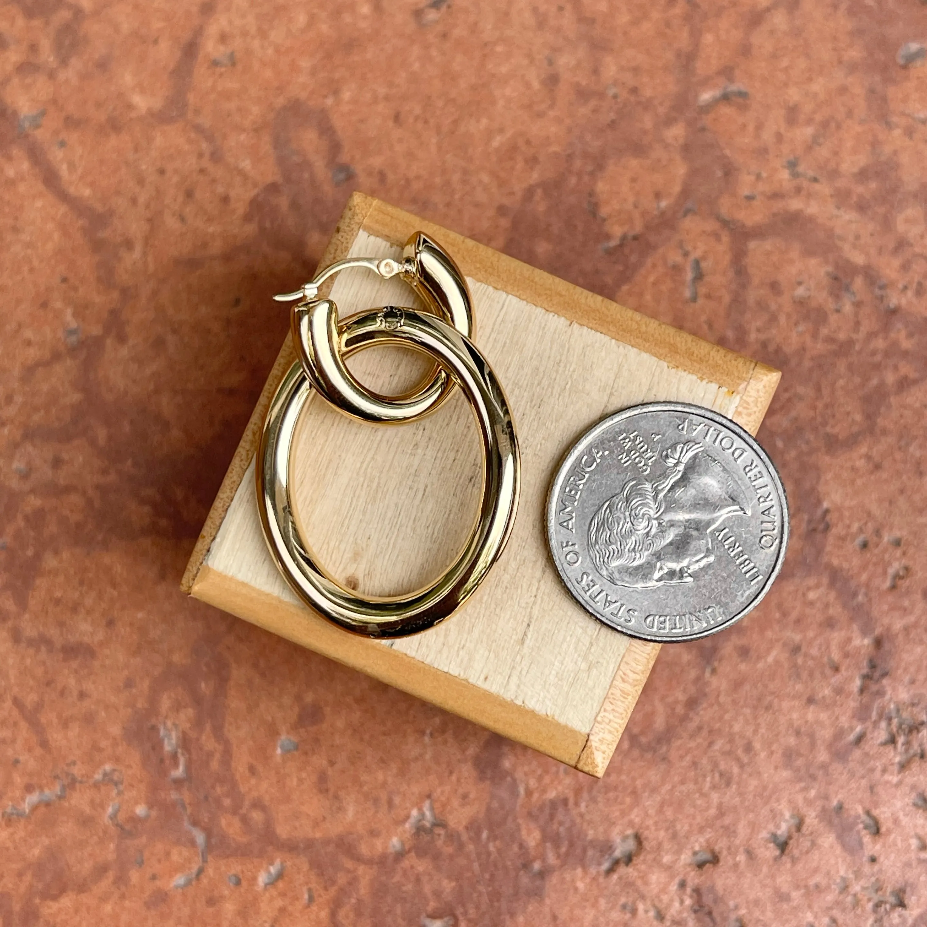 14KT Yellow Gold Tube Hoop Earrings with Large Oval Charms