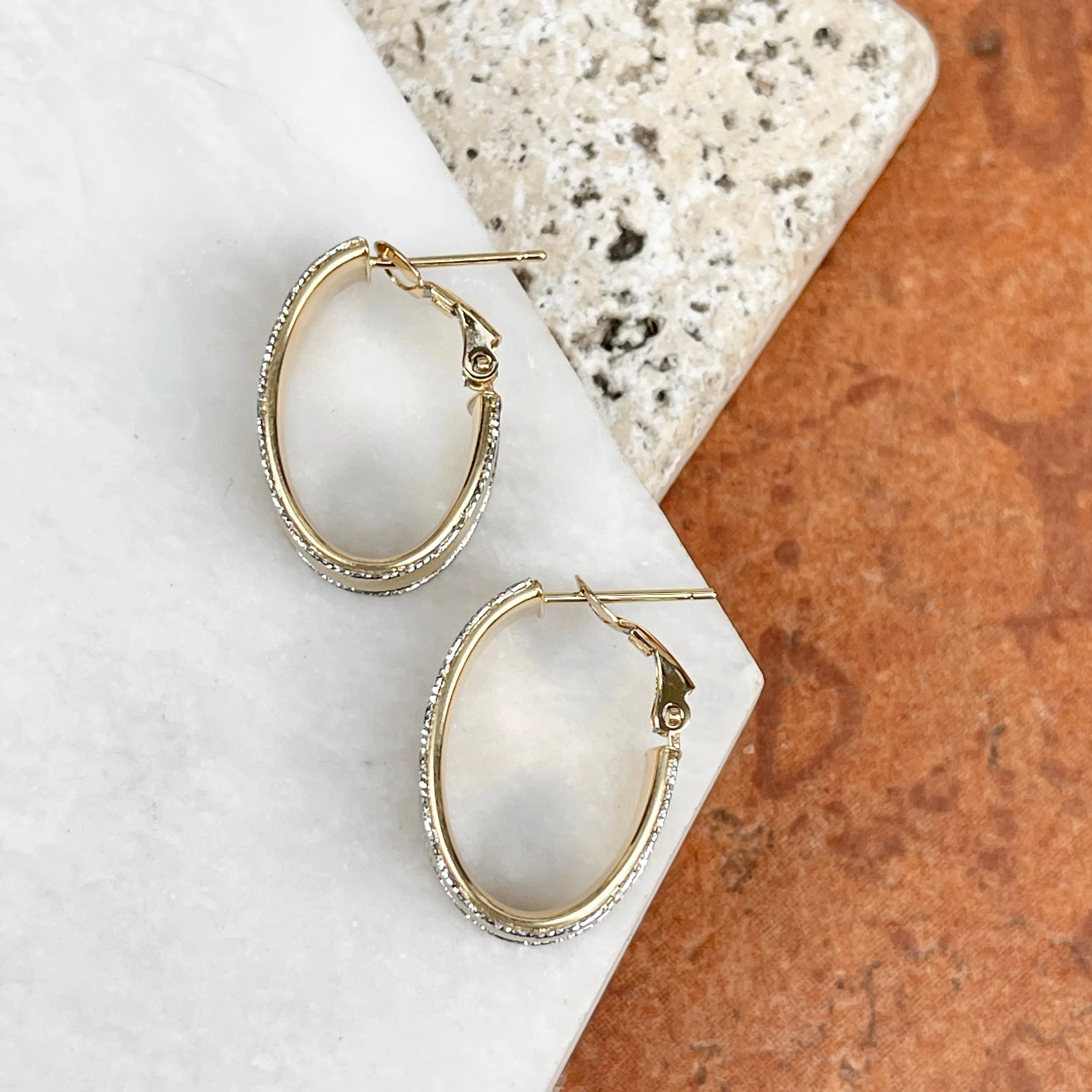 14KT Yellow Gold   White Gold Diamond-Cut Matte Oval Hoop Earrings