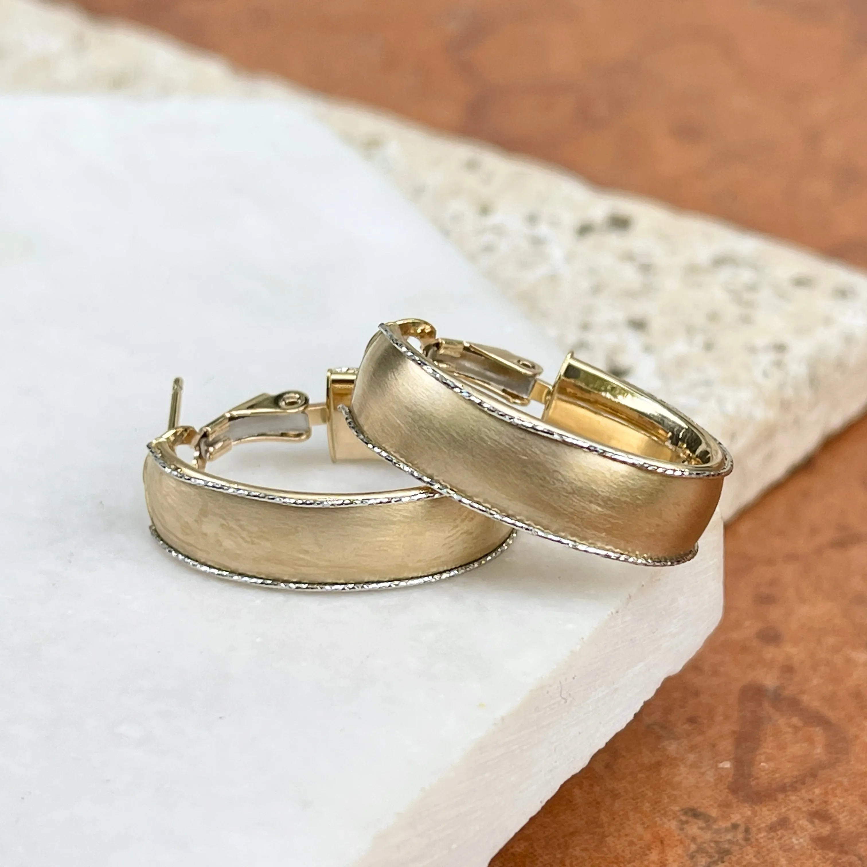 14KT Yellow Gold   White Gold Diamond-Cut Matte Oval Hoop Earrings