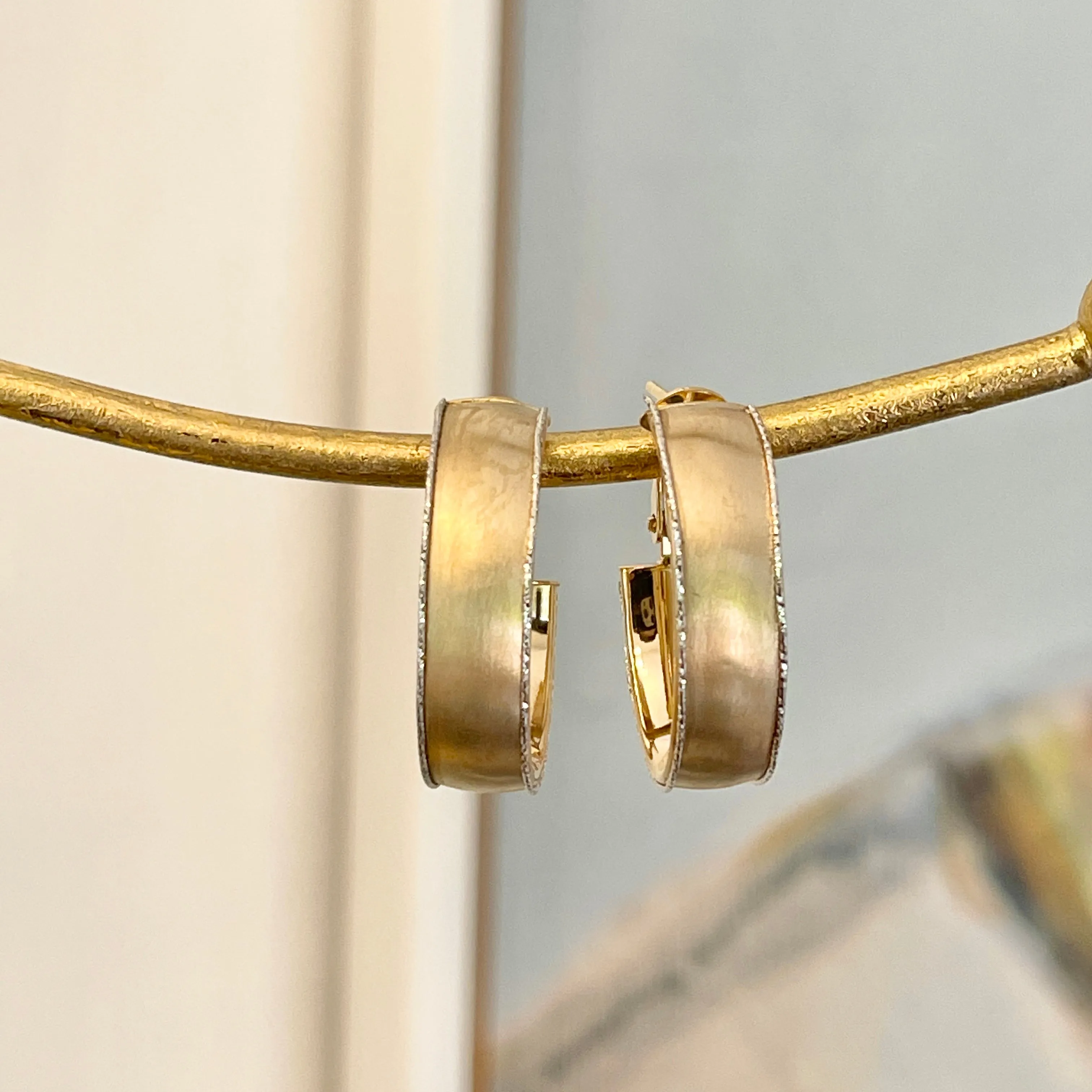 14KT Yellow Gold   White Gold Diamond-Cut Matte Oval Hoop Earrings