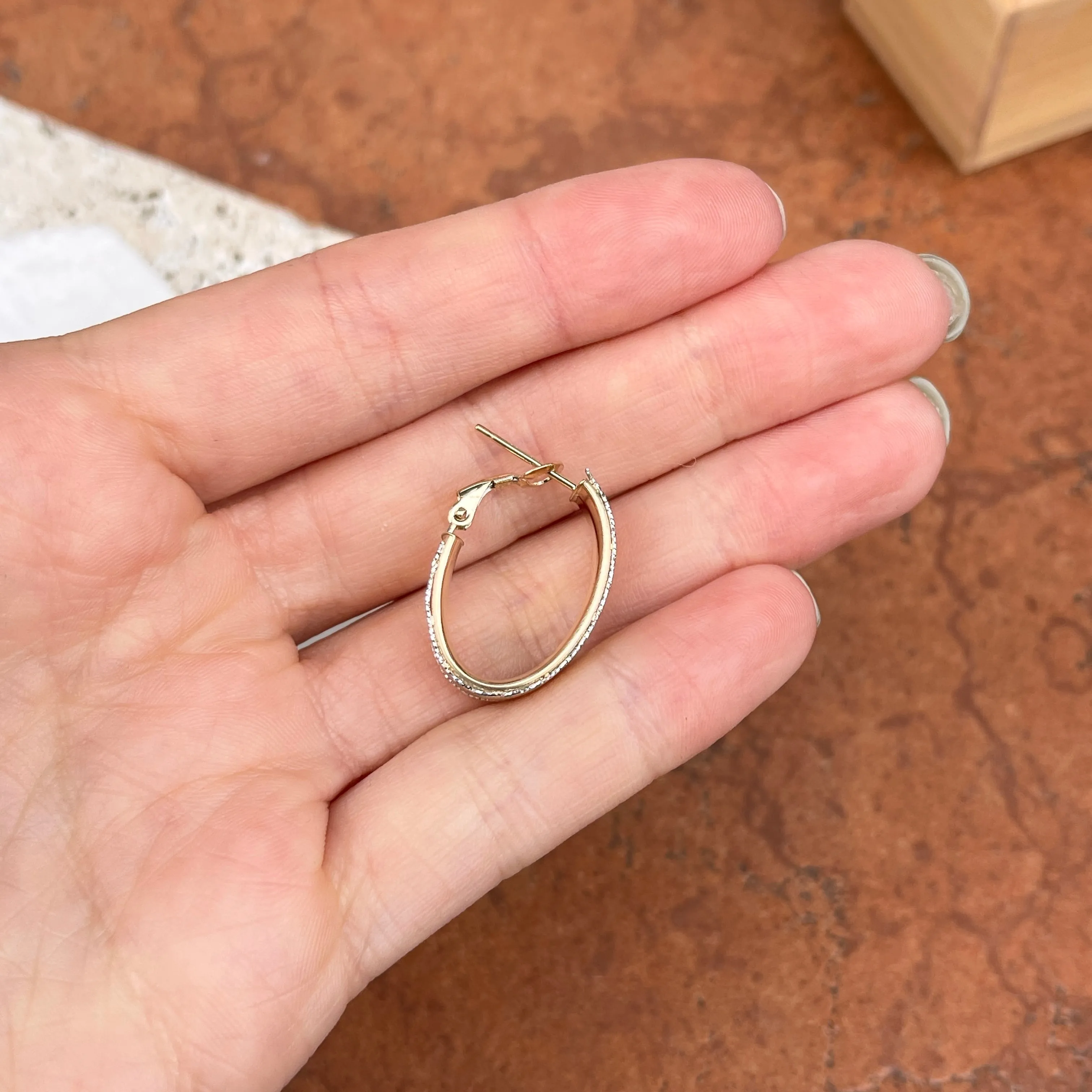 14KT Yellow Gold   White Gold Diamond-Cut Matte Oval Hoop Earrings