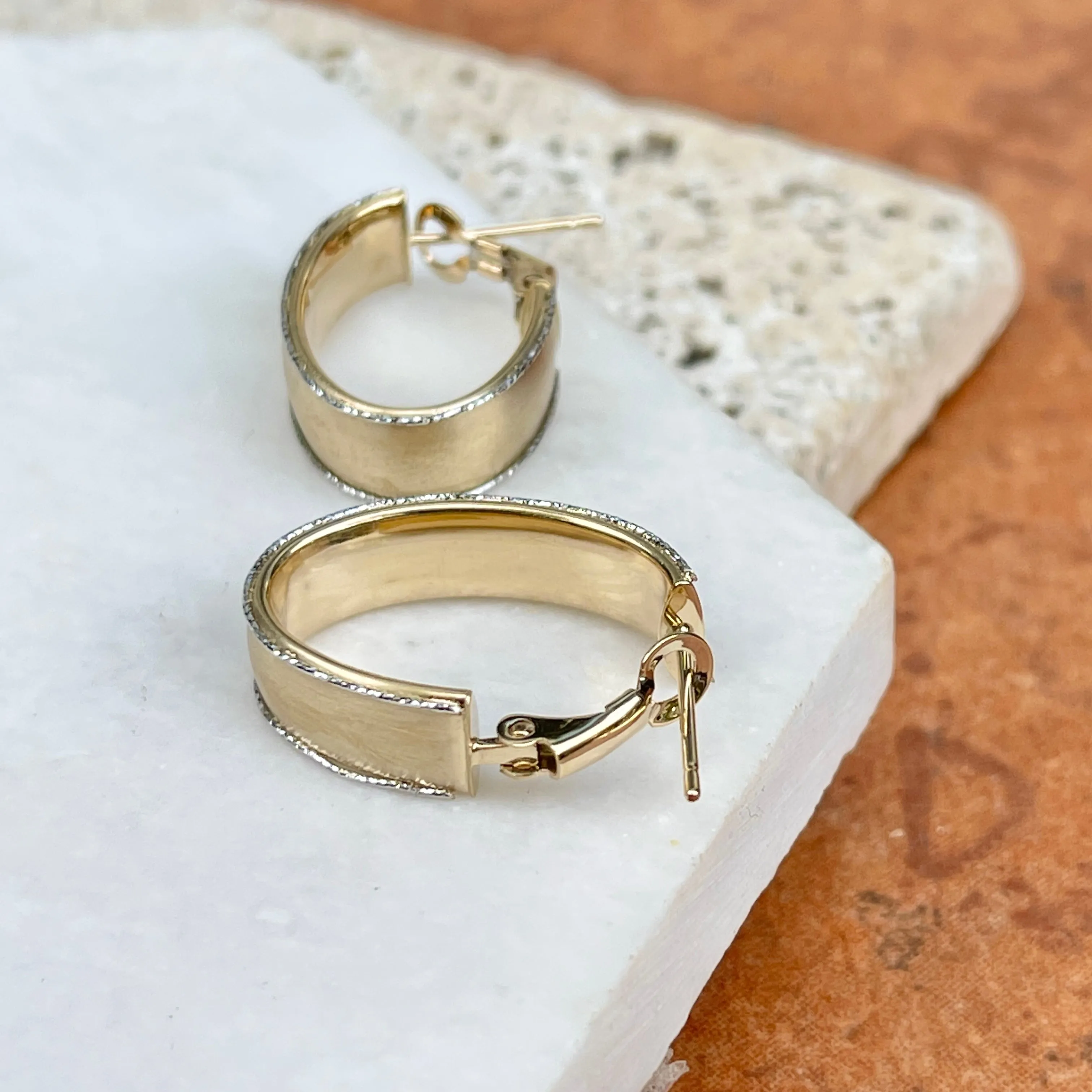 14KT Yellow Gold   White Gold Diamond-Cut Matte Oval Hoop Earrings