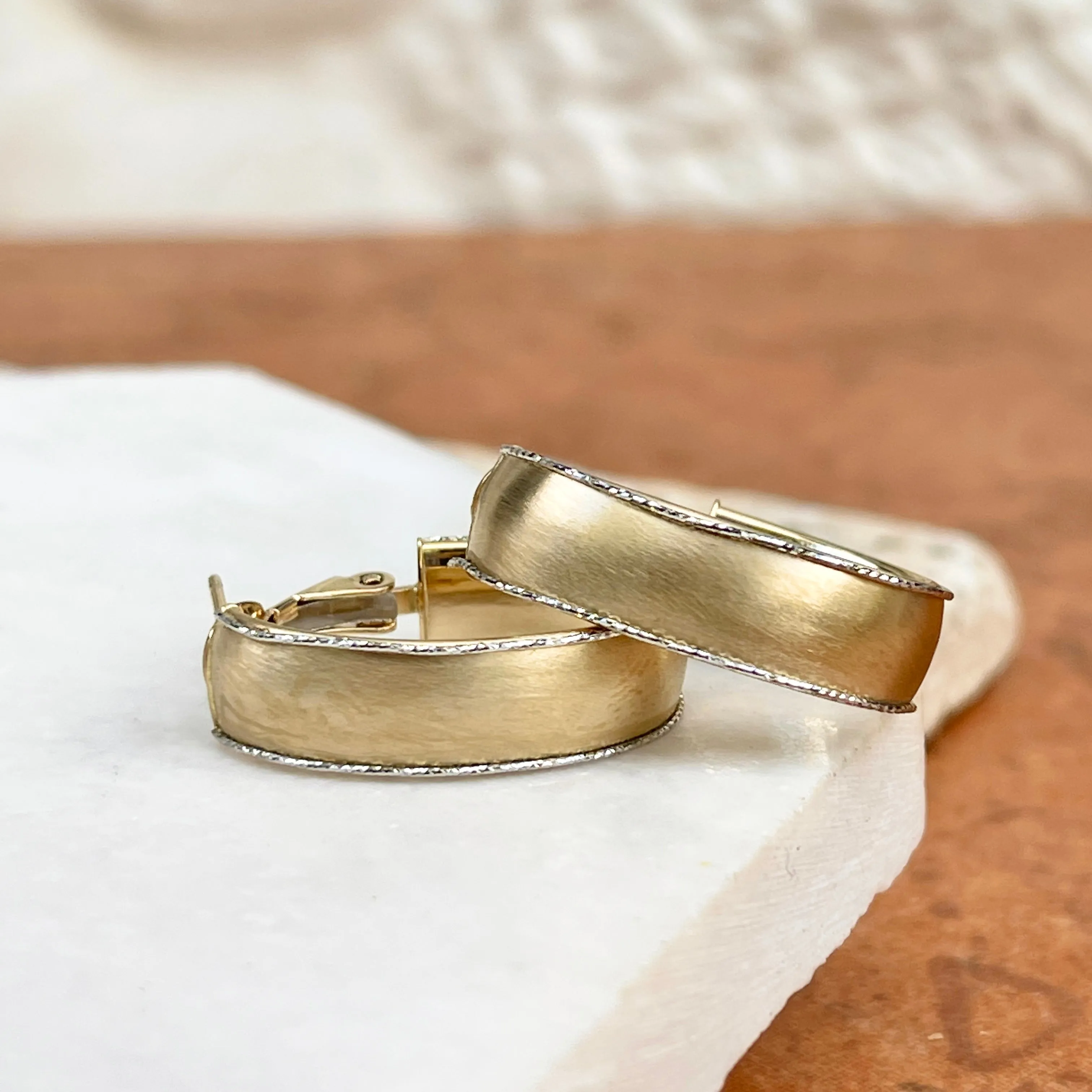 14KT Yellow Gold   White Gold Diamond-Cut Matte Oval Hoop Earrings