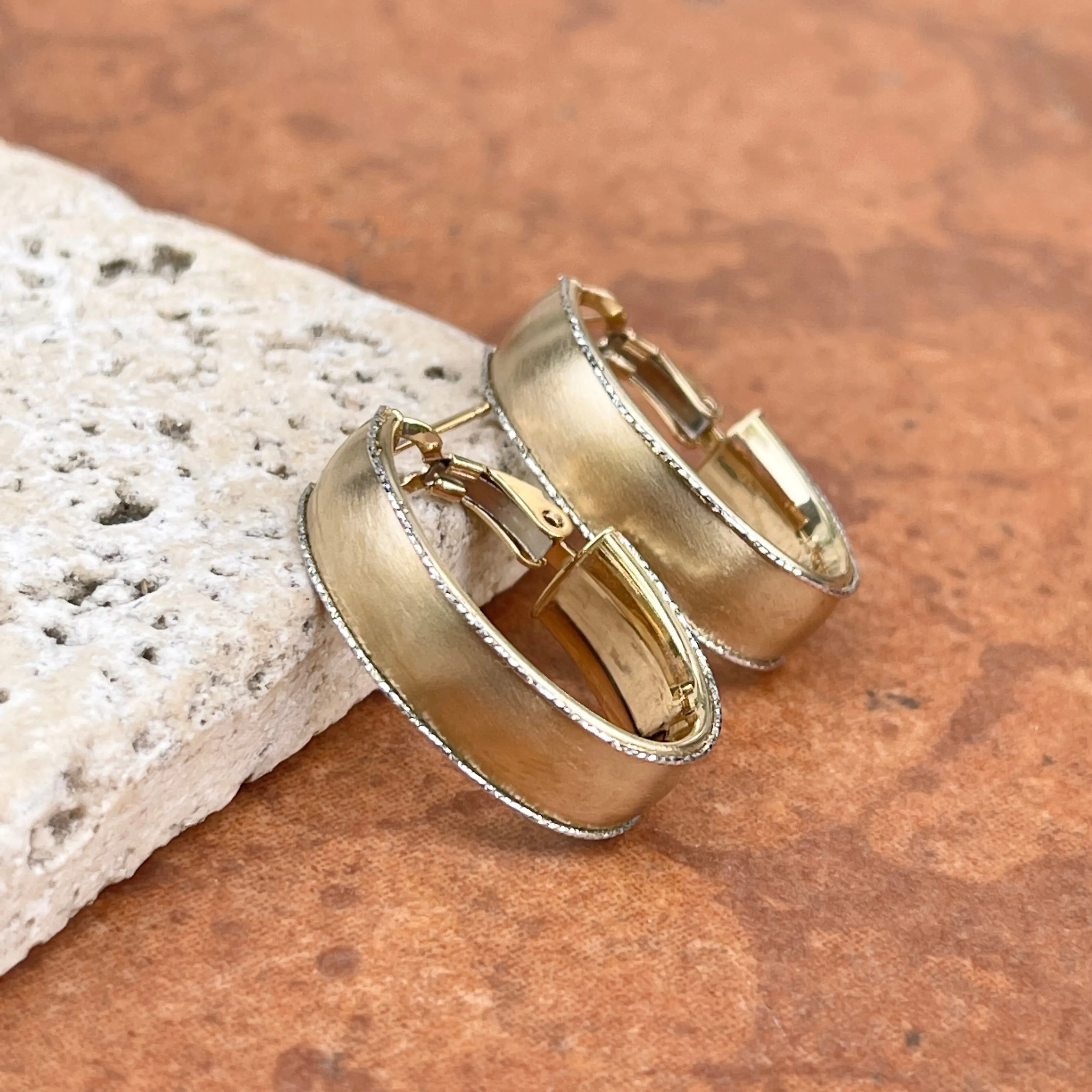 14KT Yellow Gold   White Gold Diamond-Cut Matte Oval Hoop Earrings