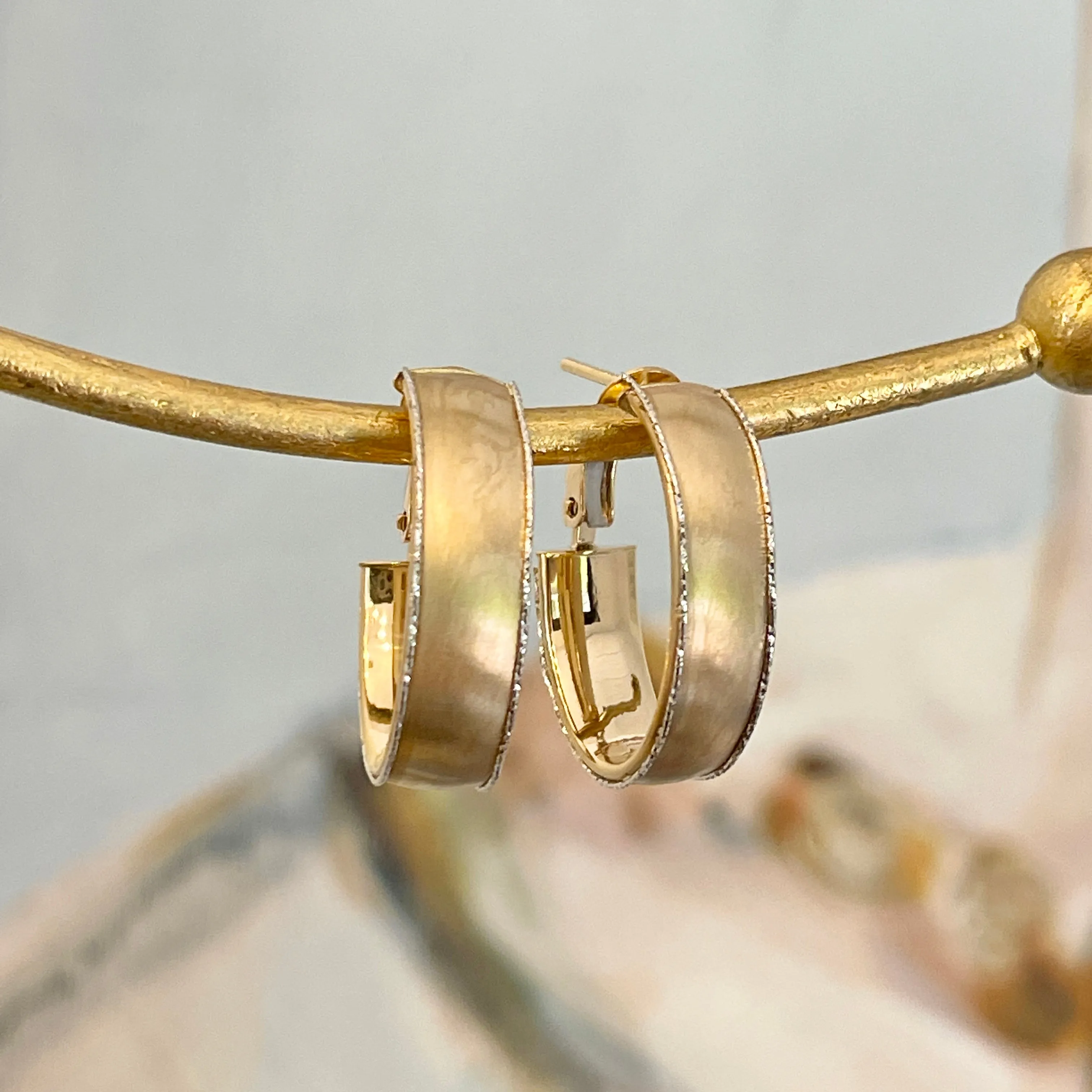 14KT Yellow Gold   White Gold Diamond-Cut Matte Oval Hoop Earrings