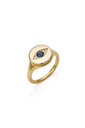 14KY Bujukan Diamond and Sapphire Evil Eye Signet Ladies Ring