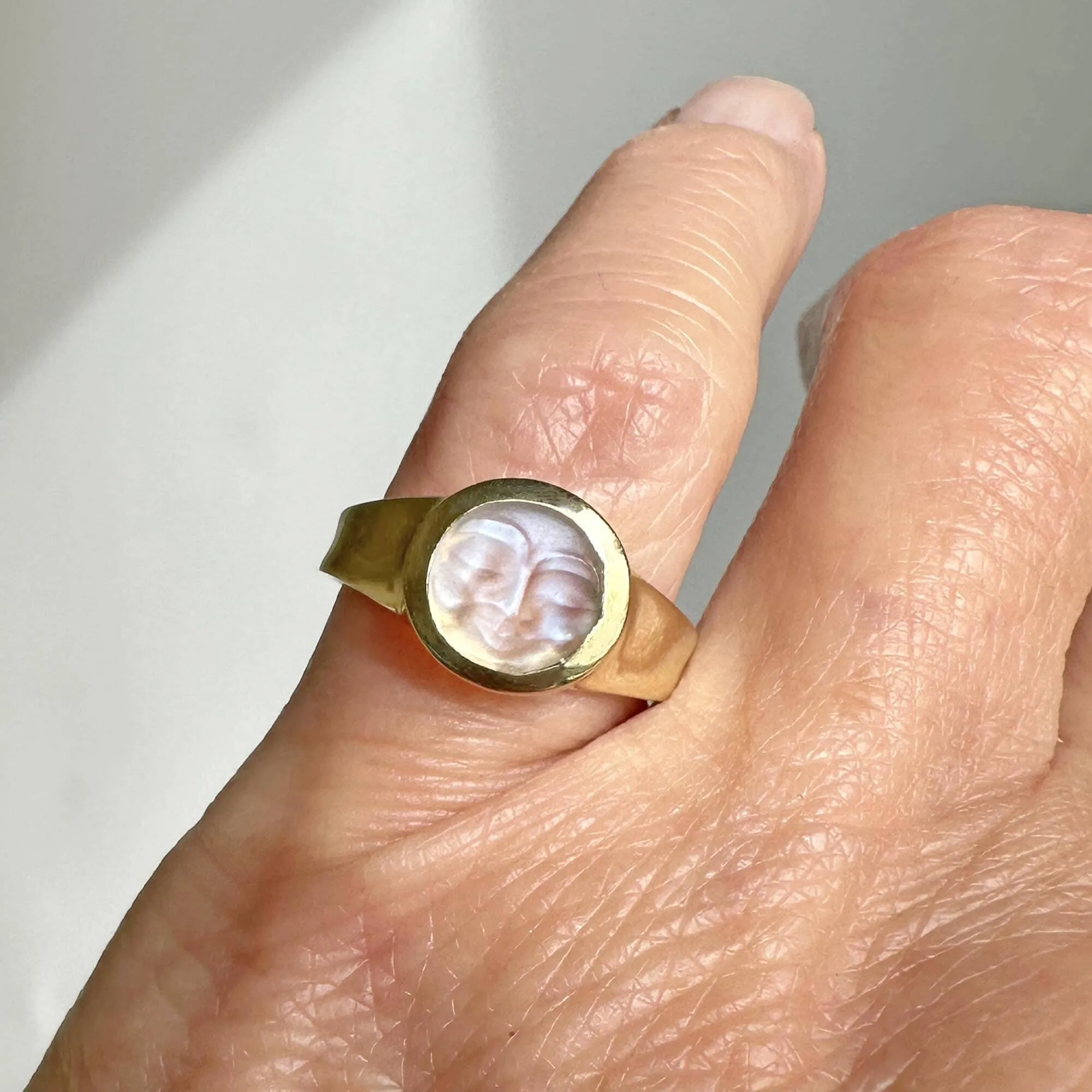 18K Gold Carved Man in the Moon Moonstone Ring, Ed Spencer