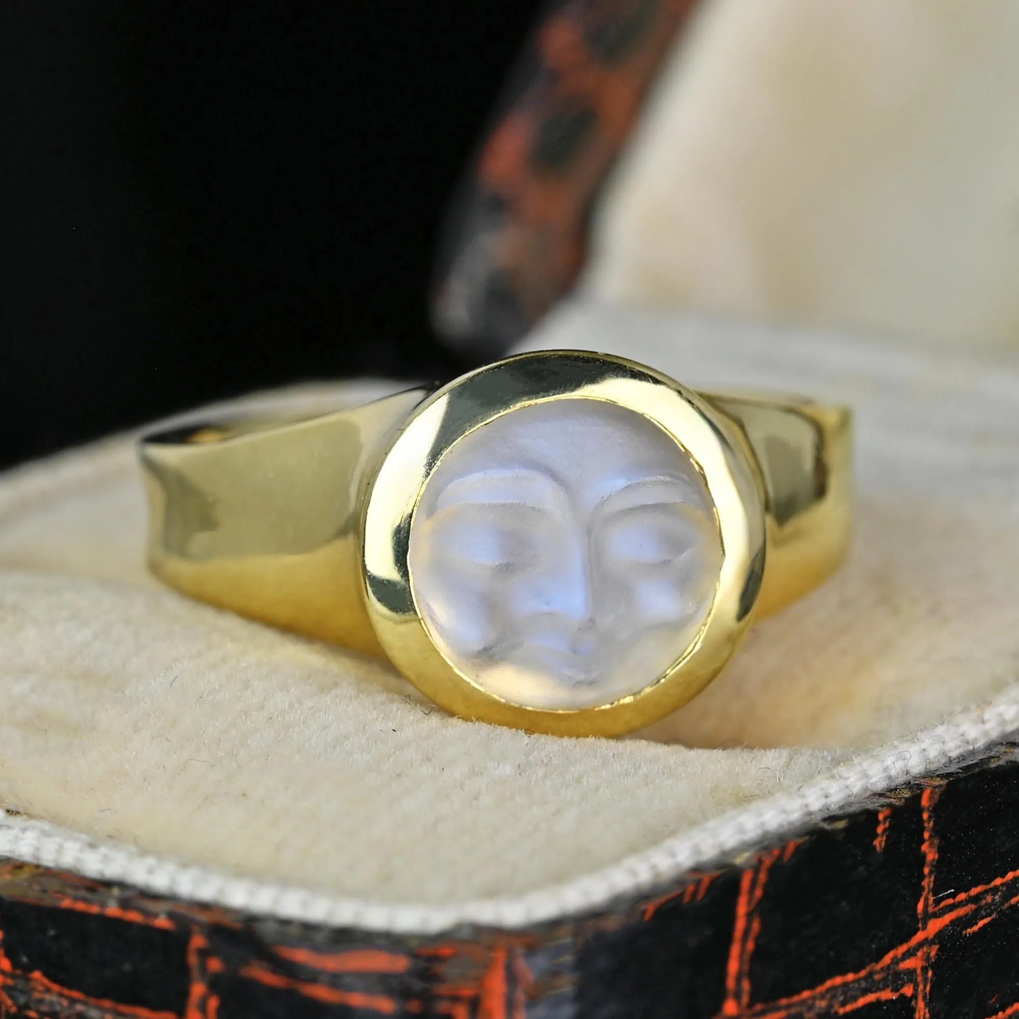 18K Gold Carved Man in the Moon Moonstone Ring, Ed Spencer