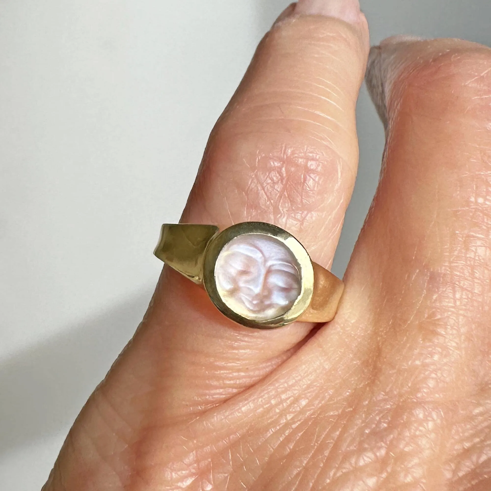 18K Gold Carved Man in the Moon Moonstone Ring, Ed Spencer