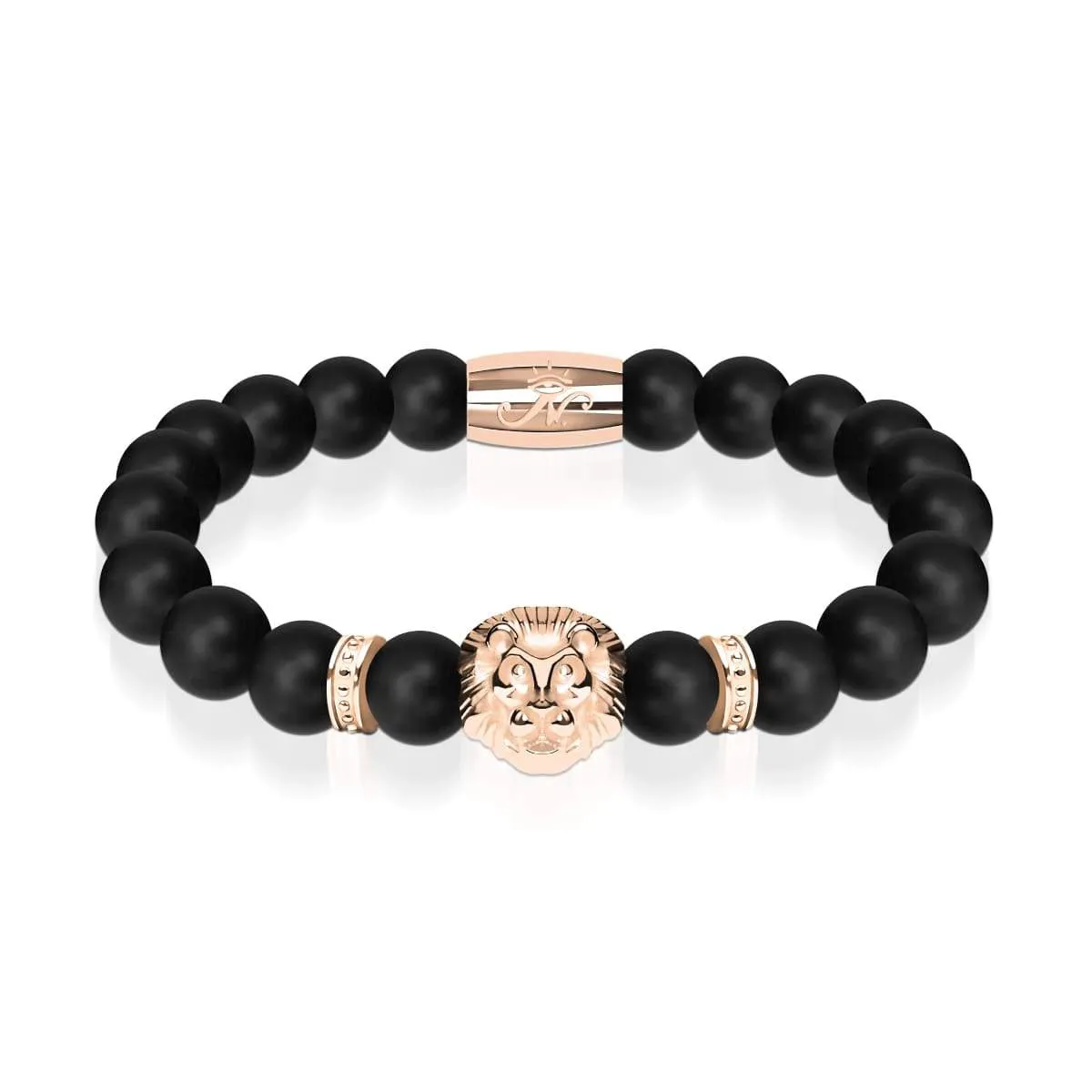 18k Rose Gold Lion | Matte Black Agate | Kingdom Bead Bracelet | Men's