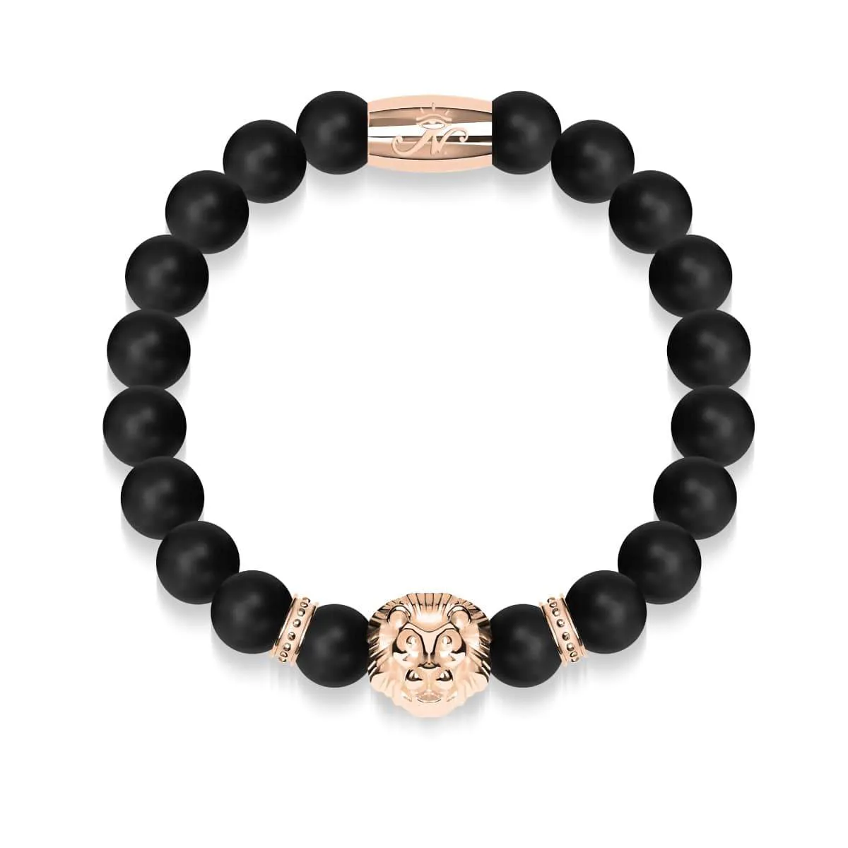 18k Rose Gold Lion | Matte Black Agate | Kingdom Bead Bracelet | Men's