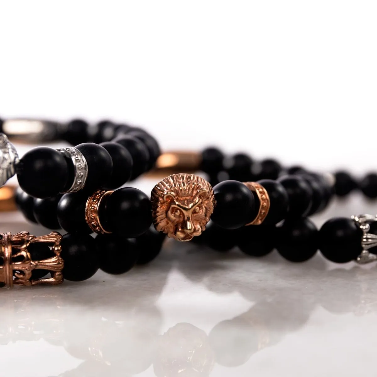 18k Rose Gold Lion | Matte Black Agate | Kingdom Bead Bracelet | Men's