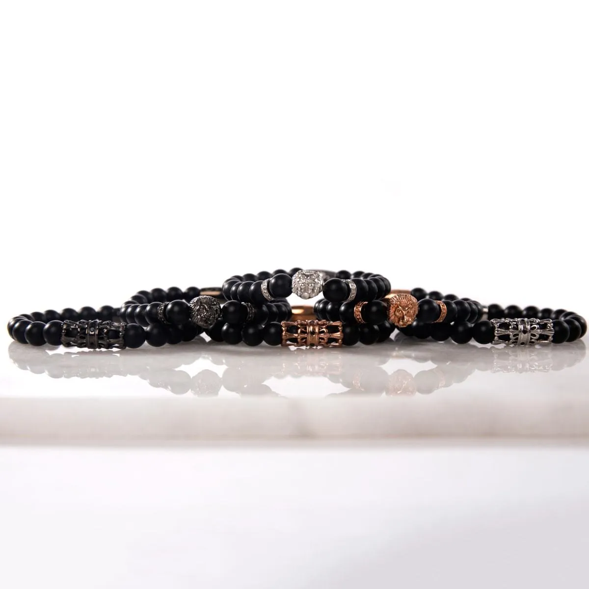18k Rose Gold Lion | Matte Black Agate | Kingdom Bead Bracelet | Men's