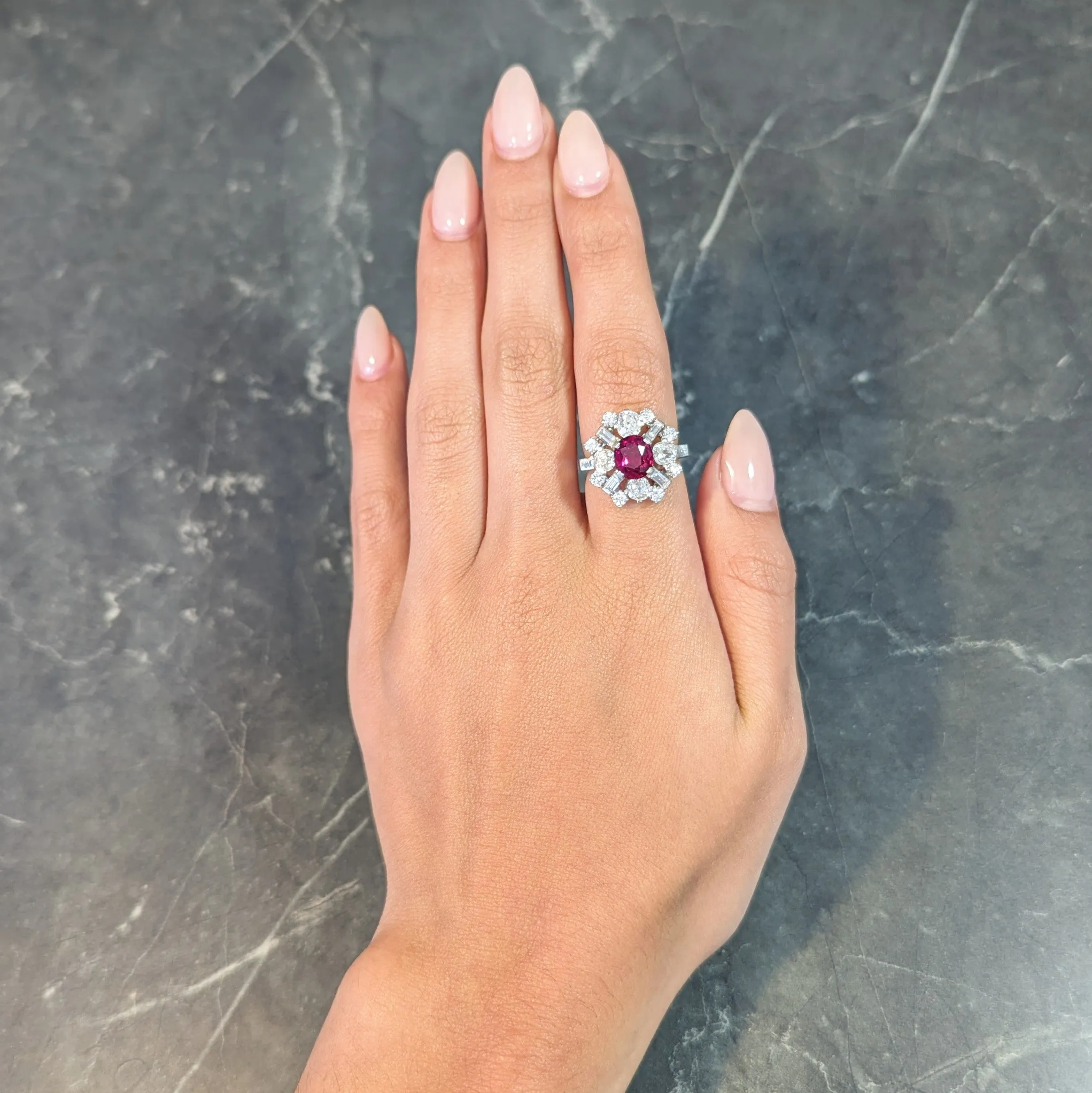 1950's Vintage 4.53 CTW Thai Ruby Diamond Platinum Burst Cluster Ring GIA