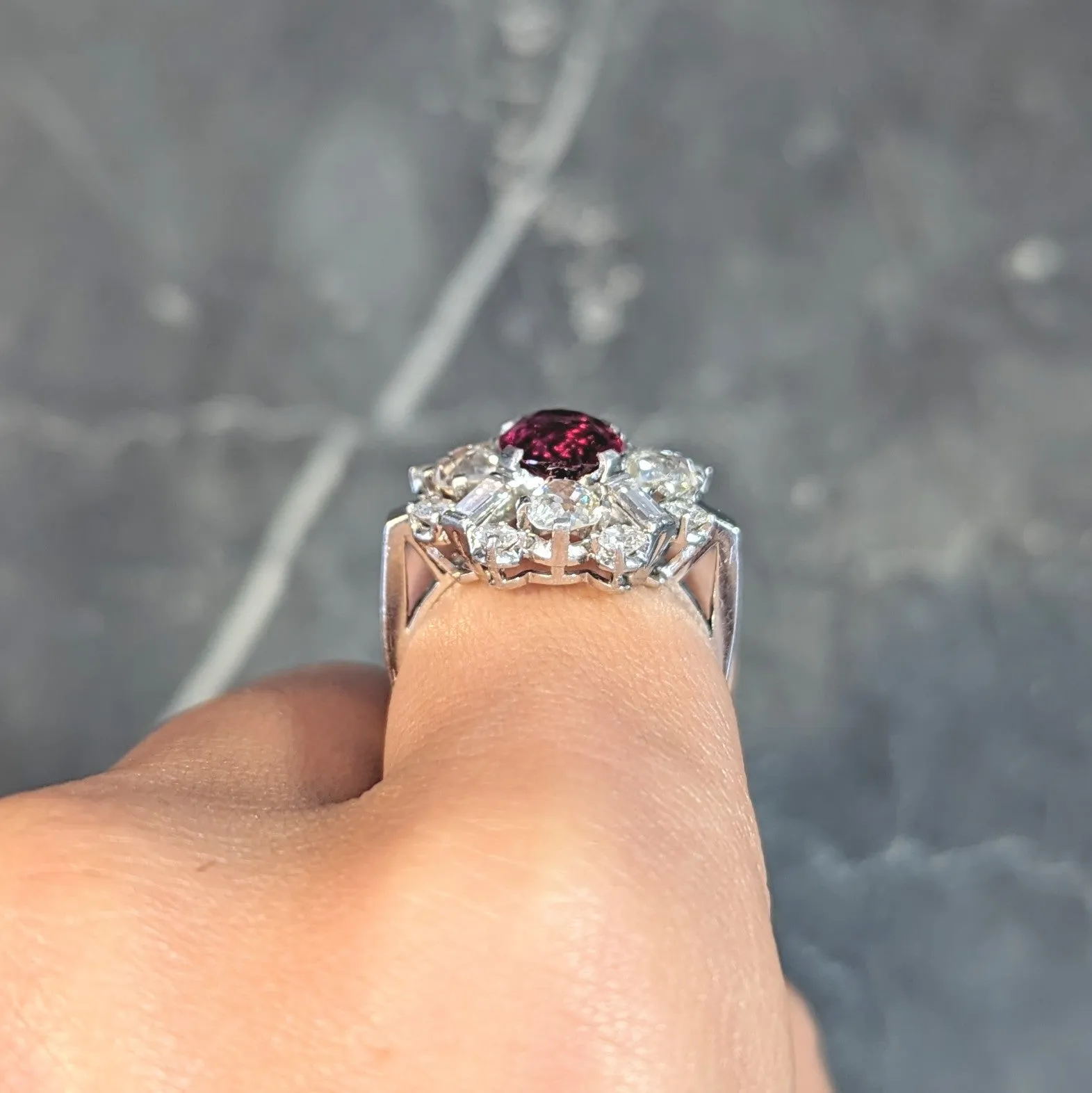 1950's Vintage 4.53 CTW Thai Ruby Diamond Platinum Burst Cluster Ring GIA