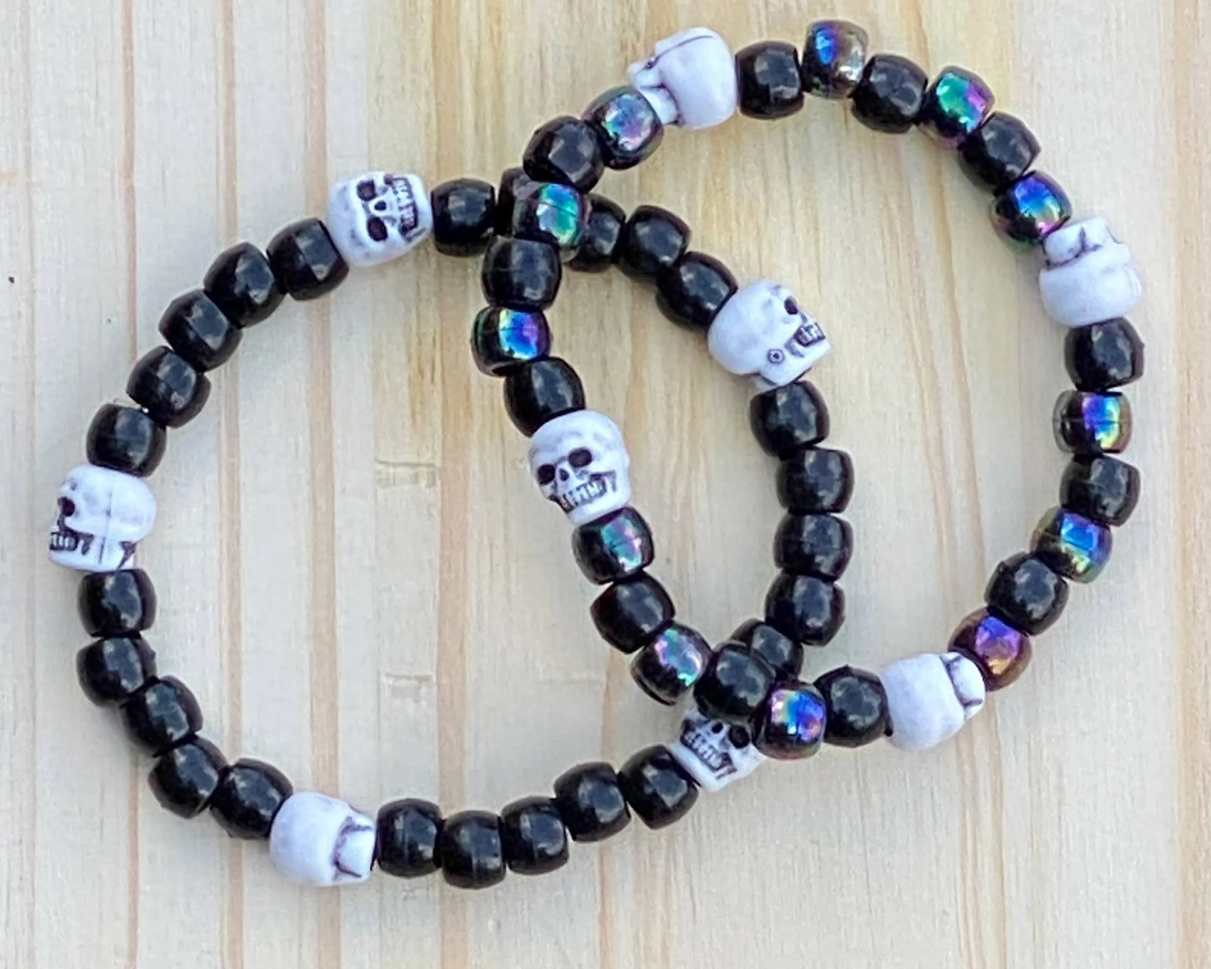 2 Black Skeleton Kandi Bracelets, Halloween Party Favors, Rave, Festival Wear