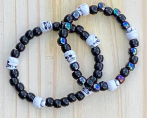 2 Black Skeleton Kandi Bracelets, Halloween Party Favors, Rave, Festival Wear