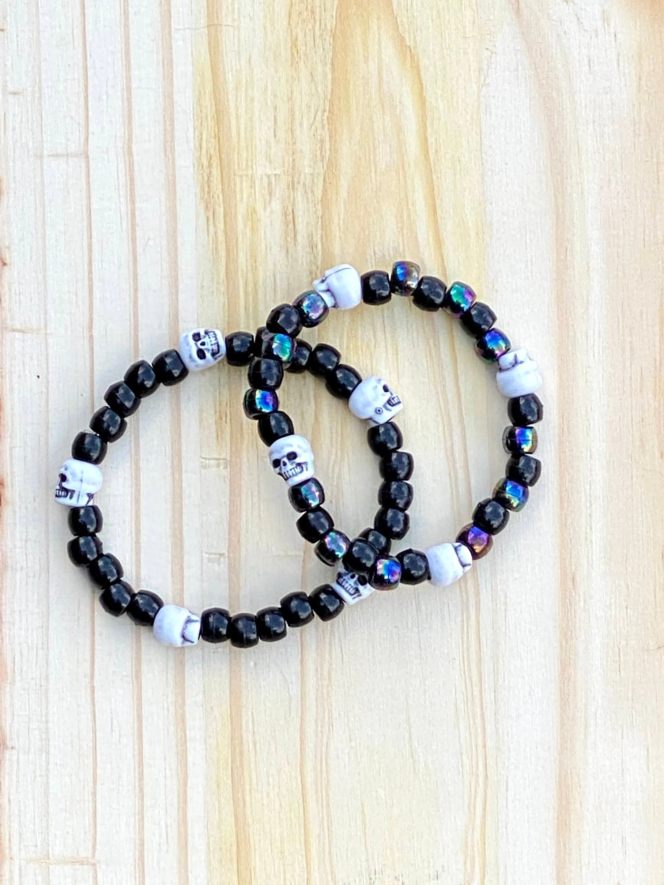 2 Black Skeleton Kandi Bracelets, Halloween Party Favors, Rave, Festival Wear