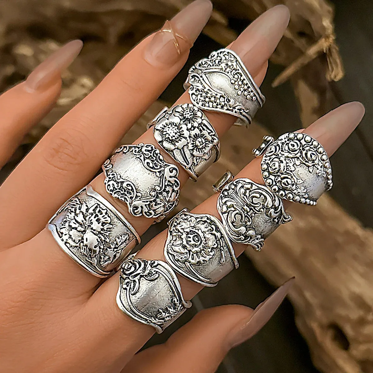 8Pcs Vintage Silver Cutlery Stem Rings, Boho Embossed Flower Silver Rings, Goth Carved Flower Metal Rings