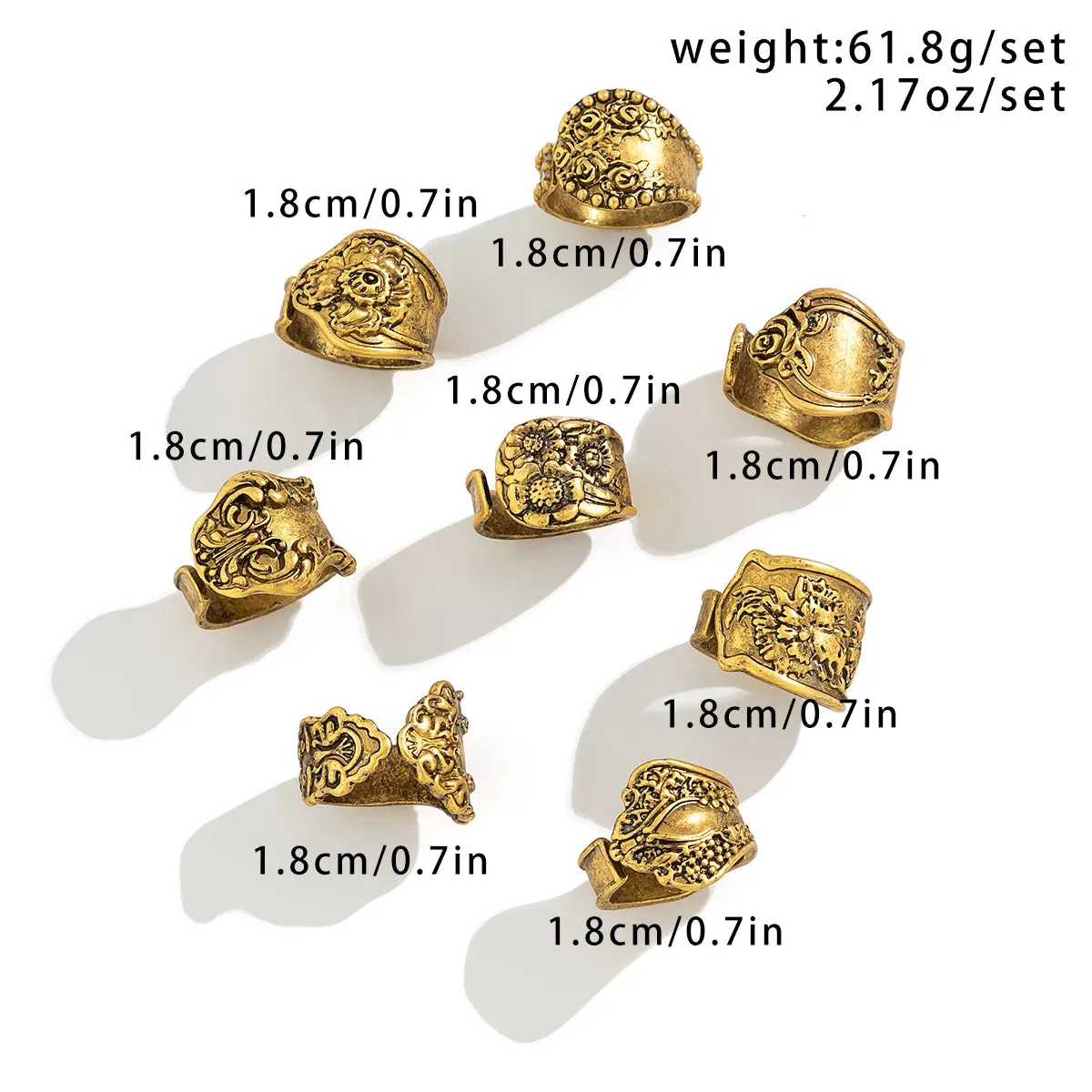 8Pcs Vintage Silver Cutlery Stem Rings, Boho Embossed Flower Silver Rings, Goth Carved Flower Metal Rings