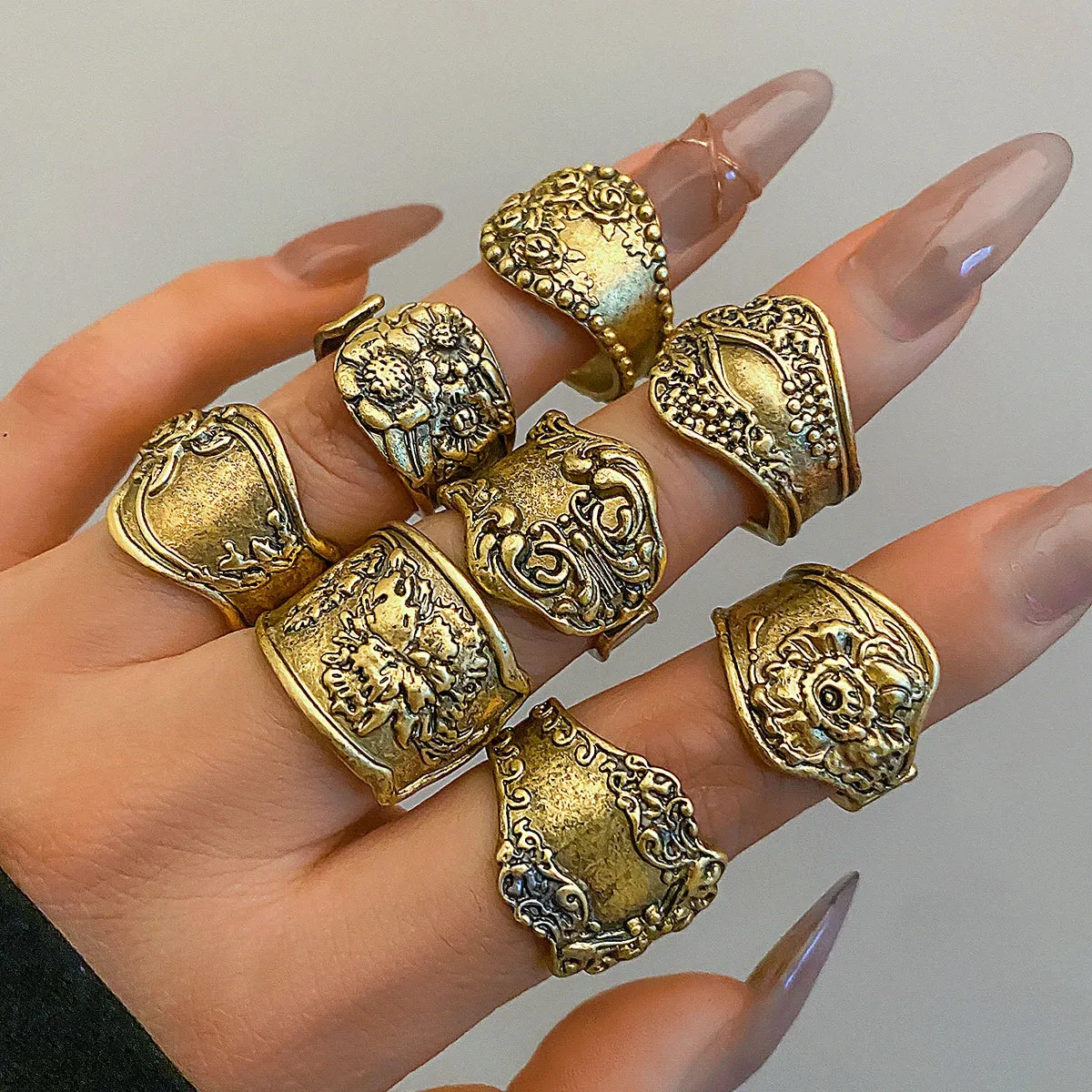 8Pcs Vintage Silver Cutlery Stem Rings, Boho Embossed Flower Silver Rings, Goth Carved Flower Metal Rings
