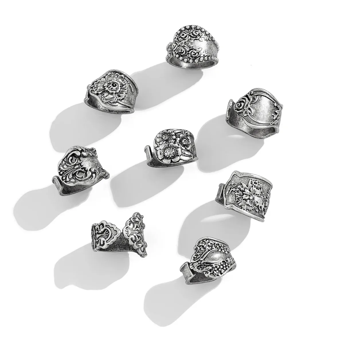 8Pcs Vintage Silver Cutlery Stem Rings, Boho Embossed Flower Silver Rings, Goth Carved Flower Metal Rings
