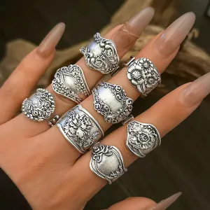 8Pcs Vintage Silver Cutlery Stem Rings, Boho Embossed Flower Silver Rings, Goth Carved Flower Metal Rings