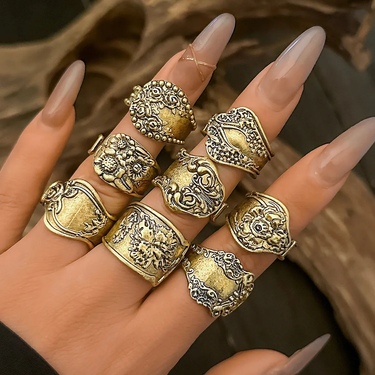 8Pcs Vintage Silver Cutlery Stem Rings, Boho Embossed Flower Silver Rings, Goth Carved Flower Metal Rings