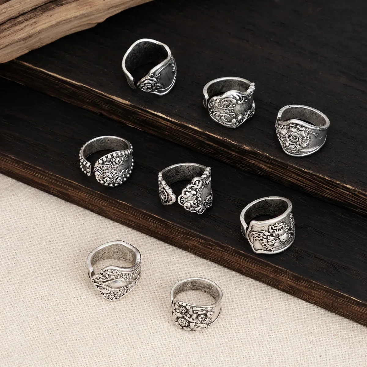 8Pcs Vintage Silver Cutlery Stem Rings, Boho Embossed Flower Silver Rings, Goth Carved Flower Metal Rings