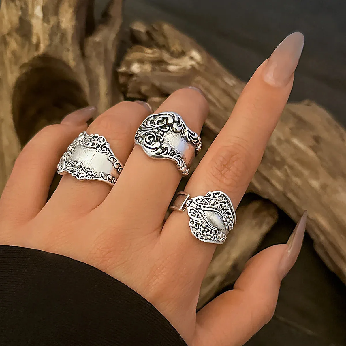 8Pcs Vintage Silver Cutlery Stem Rings, Boho Embossed Flower Silver Rings, Goth Carved Flower Metal Rings