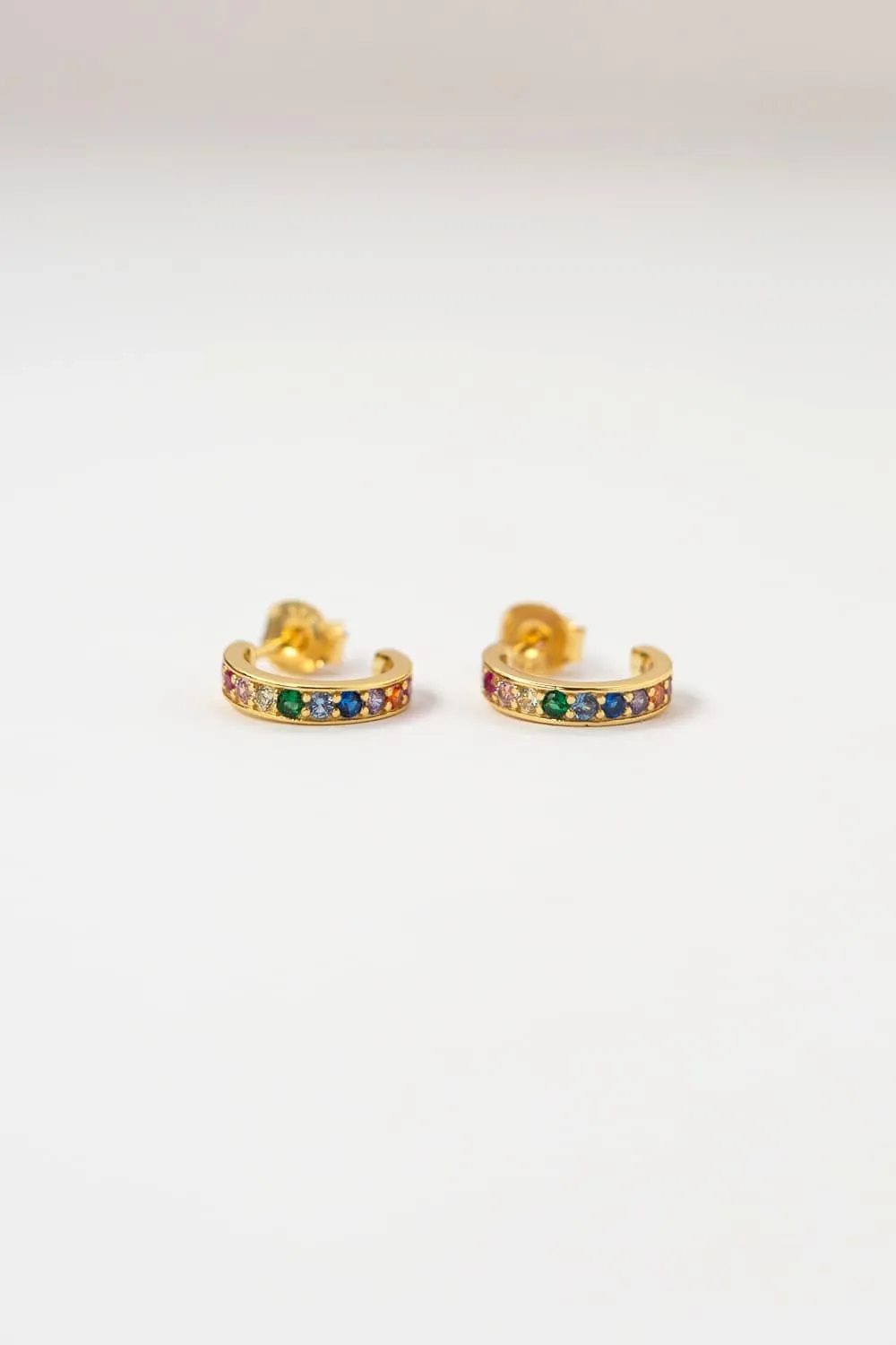 925 Sterling Silver Gold Rainbow CZ Flat Huggie Hoop