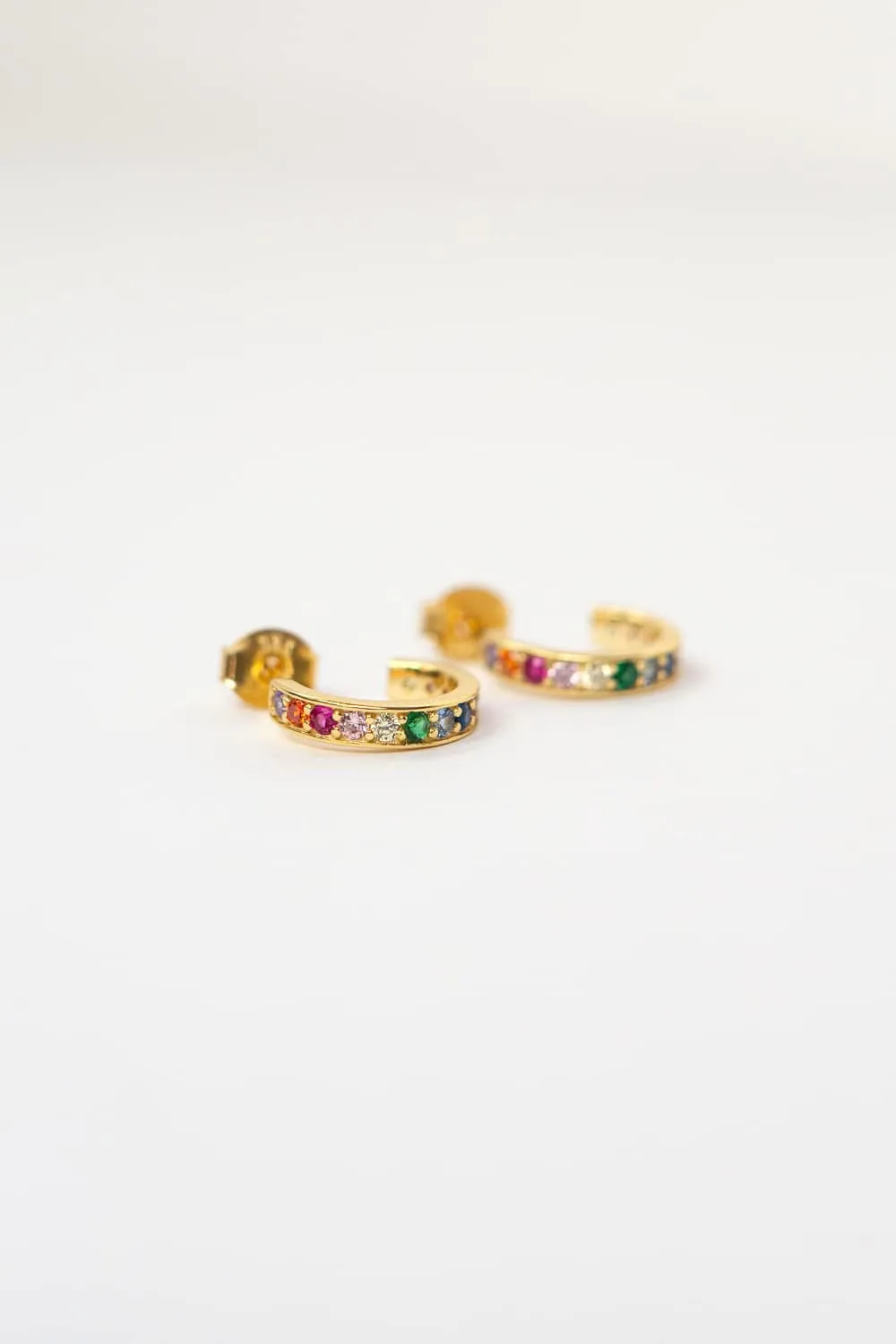925 Sterling Silver Gold Rainbow CZ Flat Huggie Hoop
