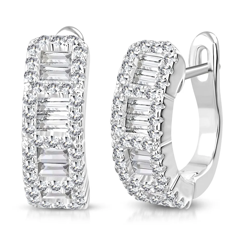 925 Sterling Silver Rose Gold-Tone Baguette Round CZ Hoop Huggie Earrings