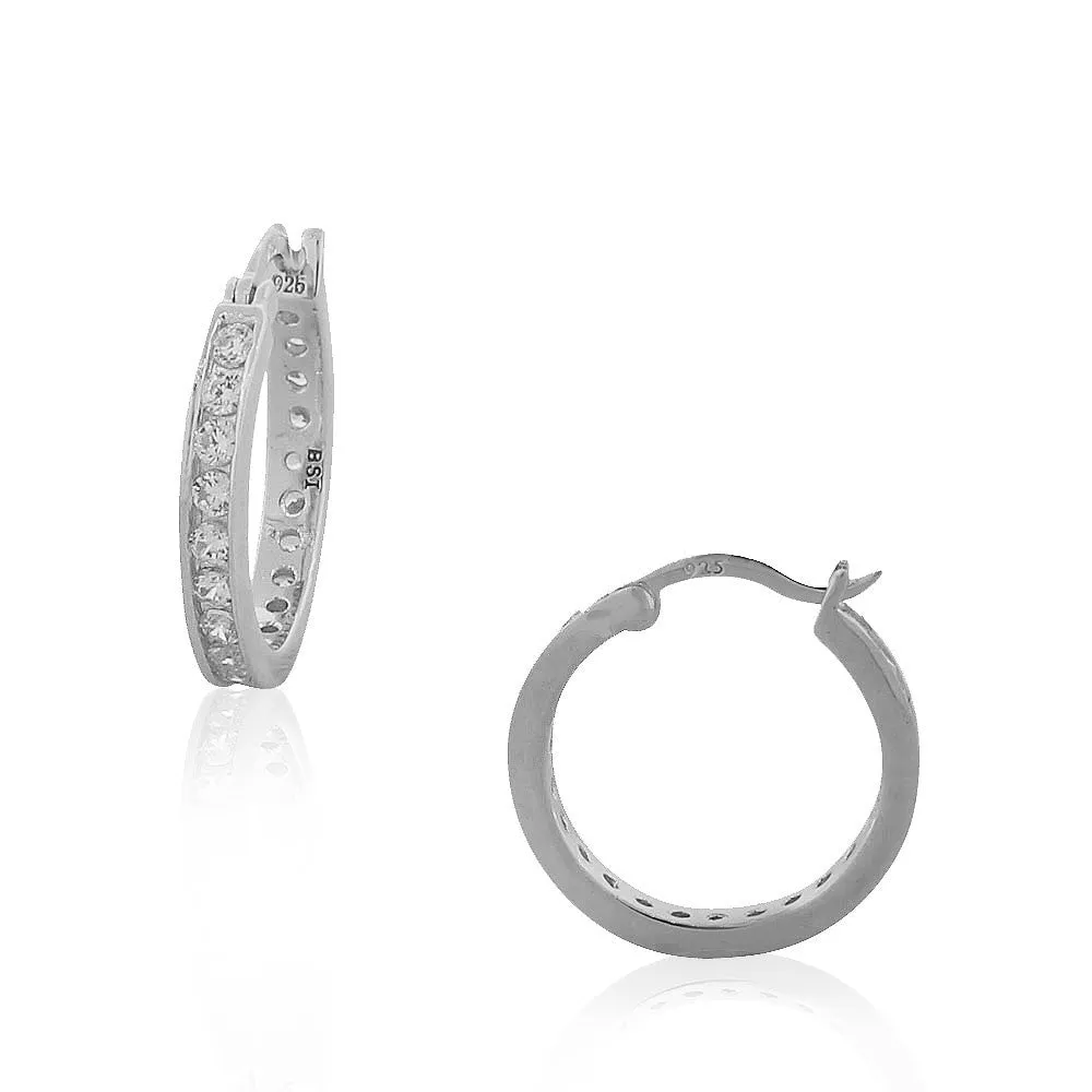 925 Sterling Silver White Clear CZ Womens Girls Hoop Huggie Earrings