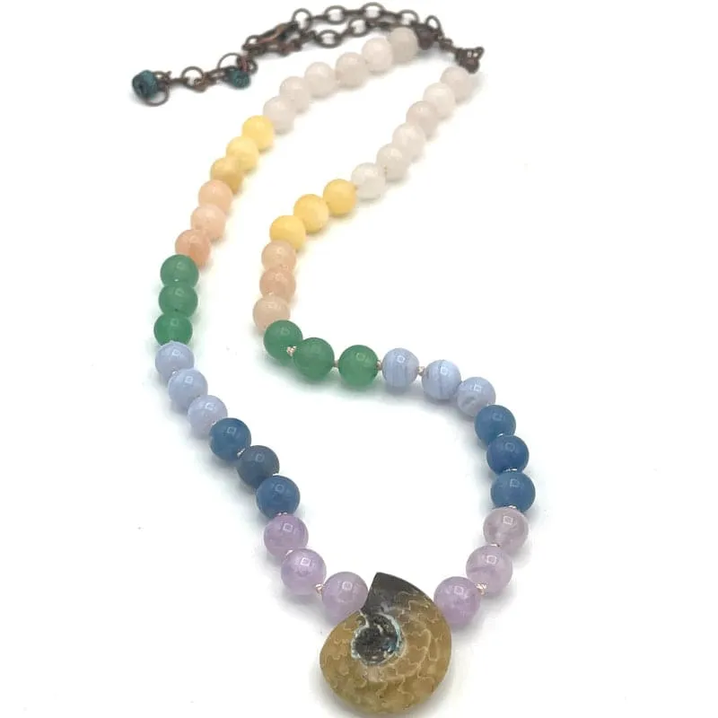 Ammonite Shell Pendant Pastel Chakra Necklace