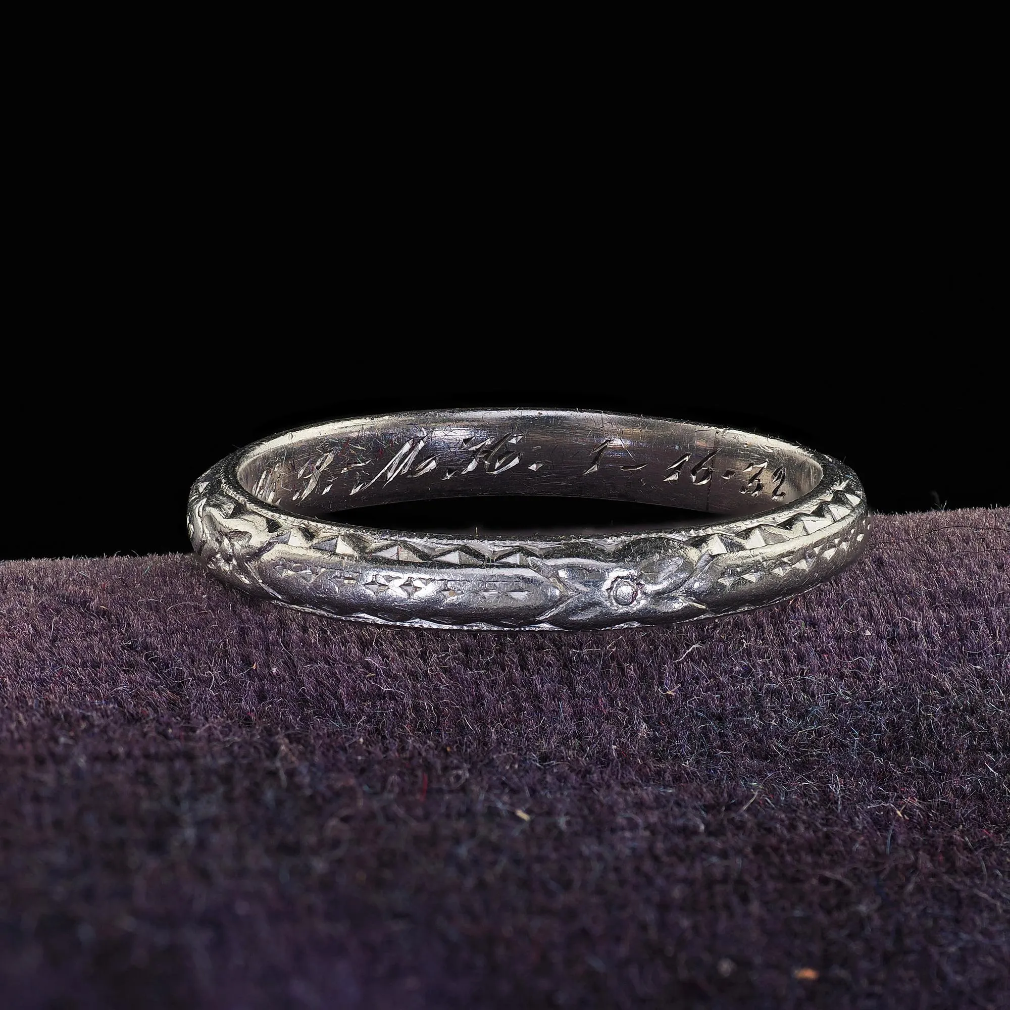 Antique Art Deco Platinum Engraved Wedding Band Circa 1932 - Size 4