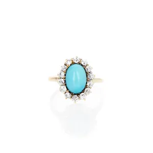 Antique Victorian 18K Yellow Gold Turquoise Diamond Halo Ring