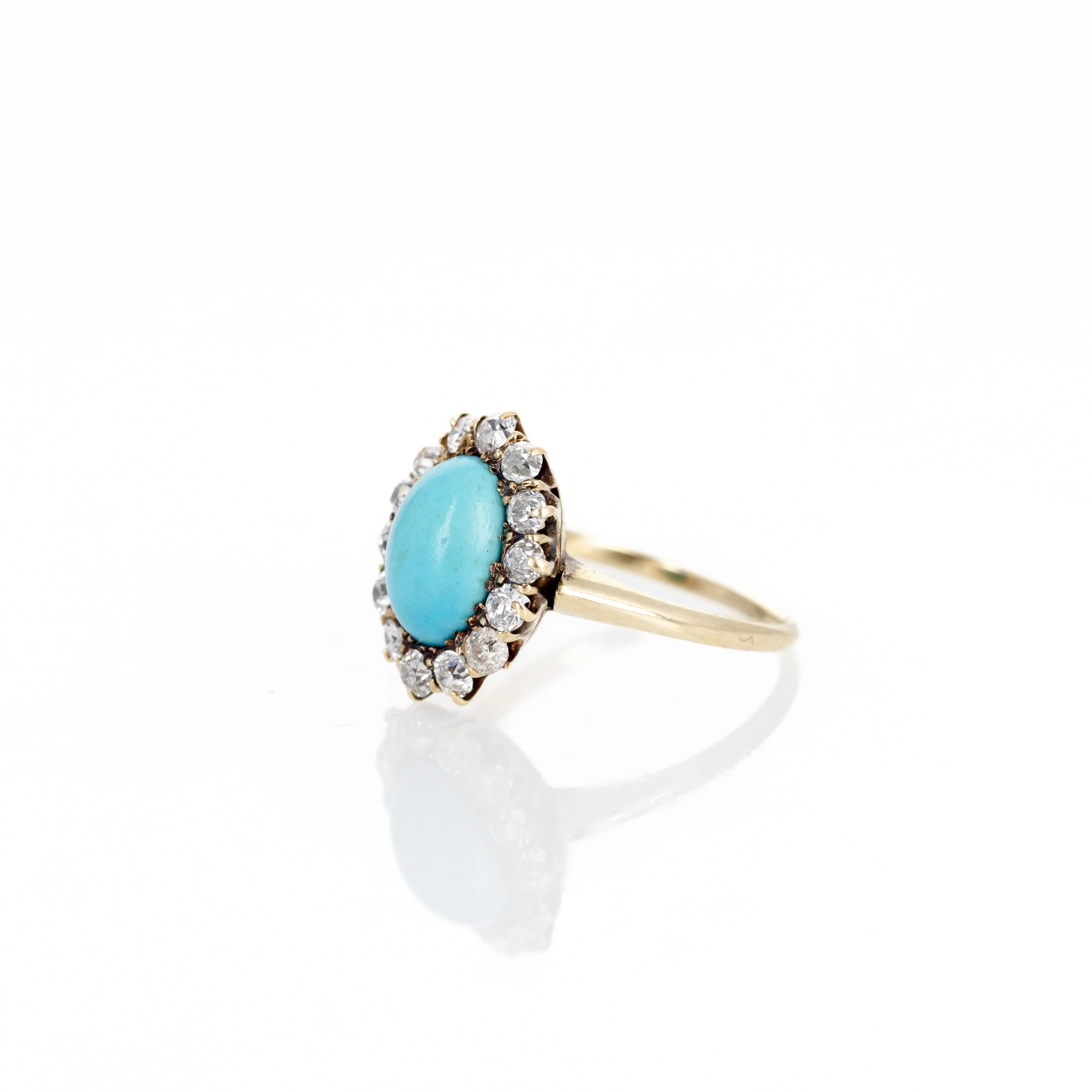 Antique Victorian 18K Yellow Gold Turquoise Diamond Halo Ring
