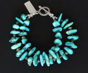 Arizona Turquoise Long Nugget 2-Strand Bracelet with Olive Shell Heishi, Czech Glass and Sterling Silver
