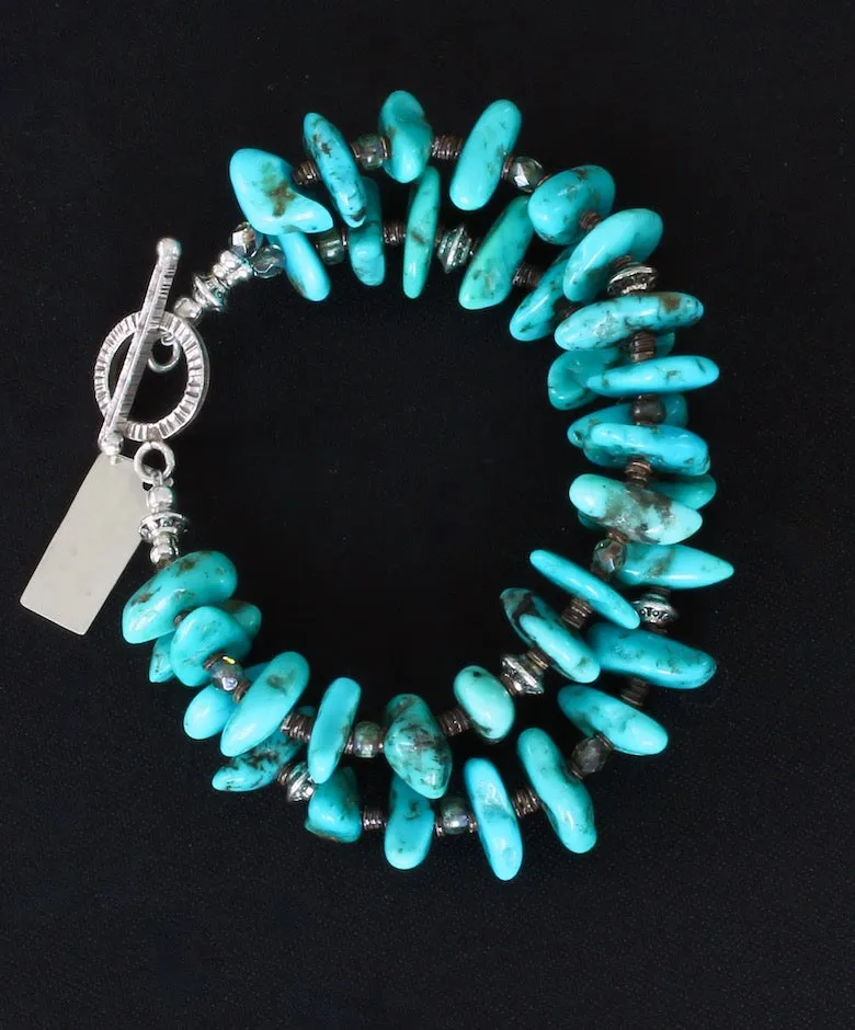 Arizona Turquoise Long Nugget 2-Strand Bracelet with Olive Shell Heishi, Czech Glass and Sterling Silver