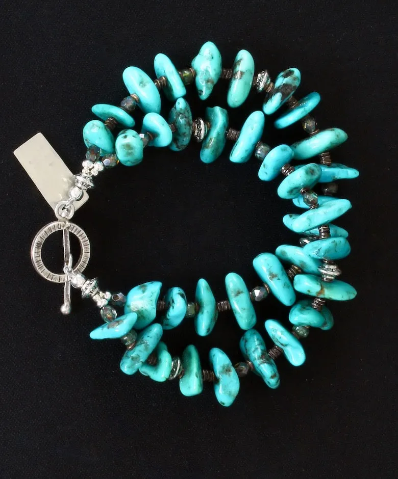 Arizona Turquoise Long Nugget 2-Strand Bracelet with Olive Shell Heishi, Czech Glass and Sterling Silver