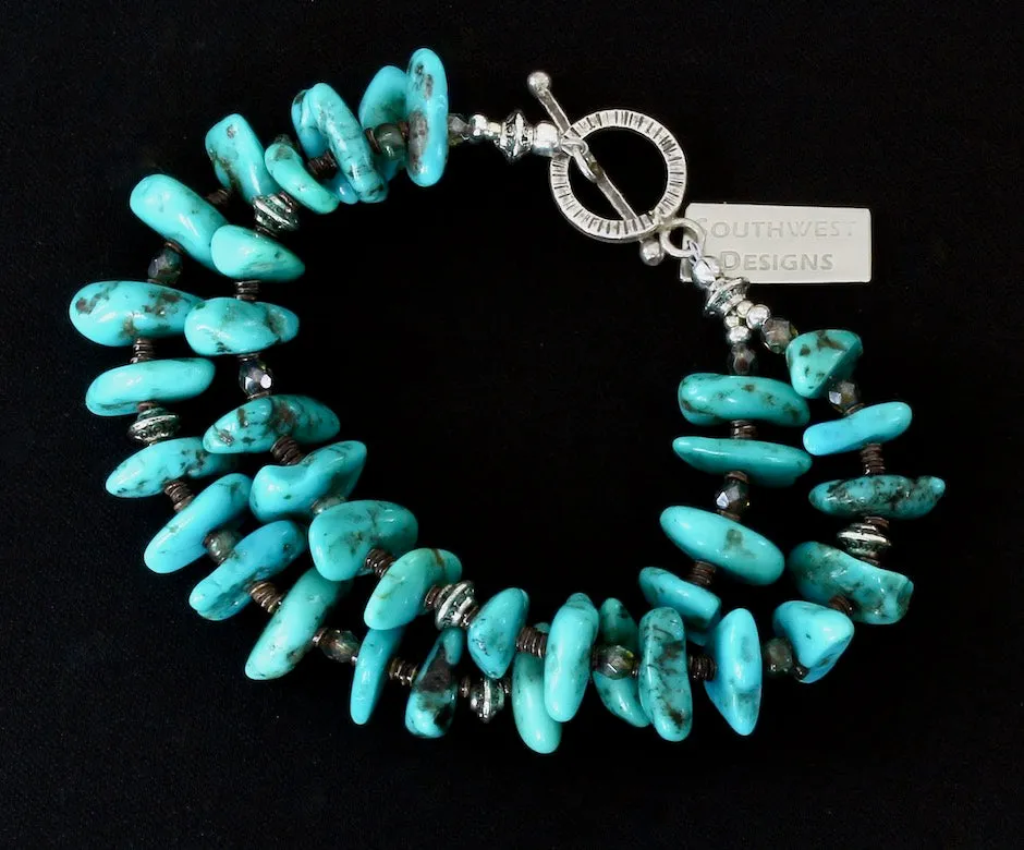 Arizona Turquoise Long Nugget 2-Strand Bracelet with Olive Shell Heishi, Czech Glass and Sterling Silver