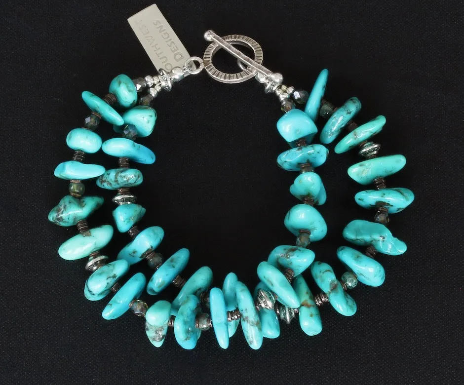 Arizona Turquoise Long Nugget 2-Strand Bracelet with Olive Shell Heishi, Czech Glass and Sterling Silver