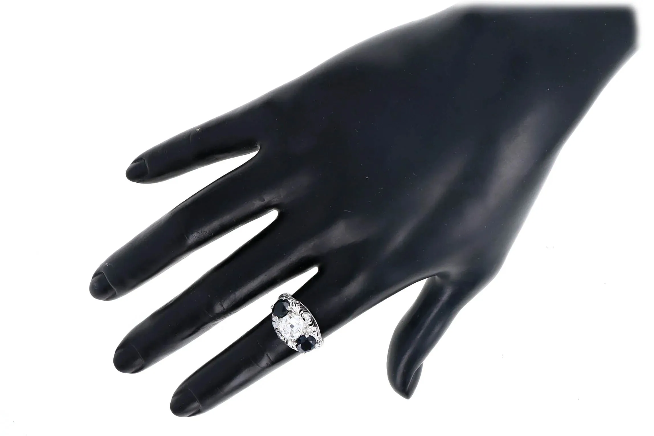 Art Deco 1.47 Carat Old European Diamond Three Stone Sapphire Ring in Platinum GIA Certified