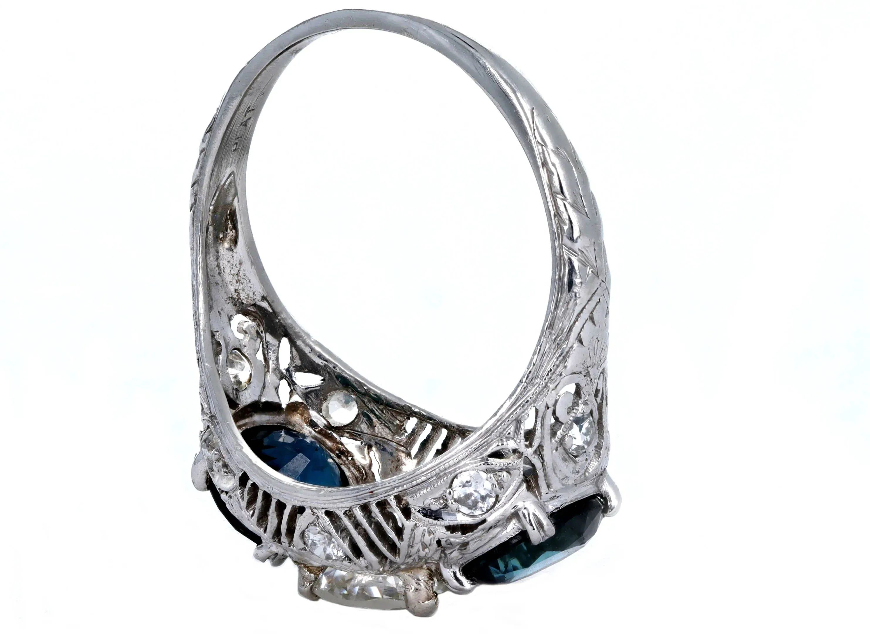 Art Deco 1.47 Carat Old European Diamond Three Stone Sapphire Ring in Platinum GIA Certified