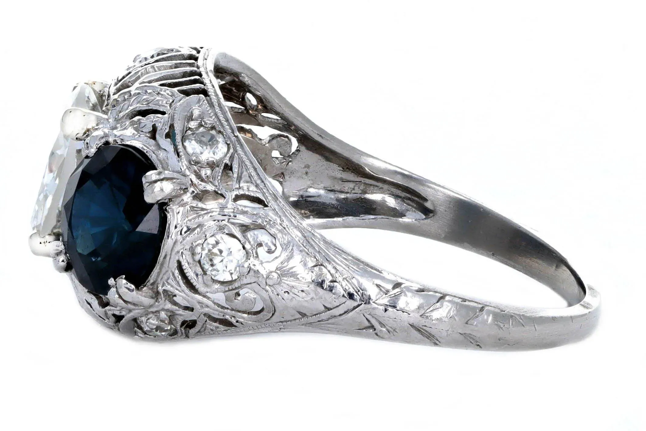 Art Deco 1.47 Carat Old European Diamond Three Stone Sapphire Ring in Platinum GIA Certified
